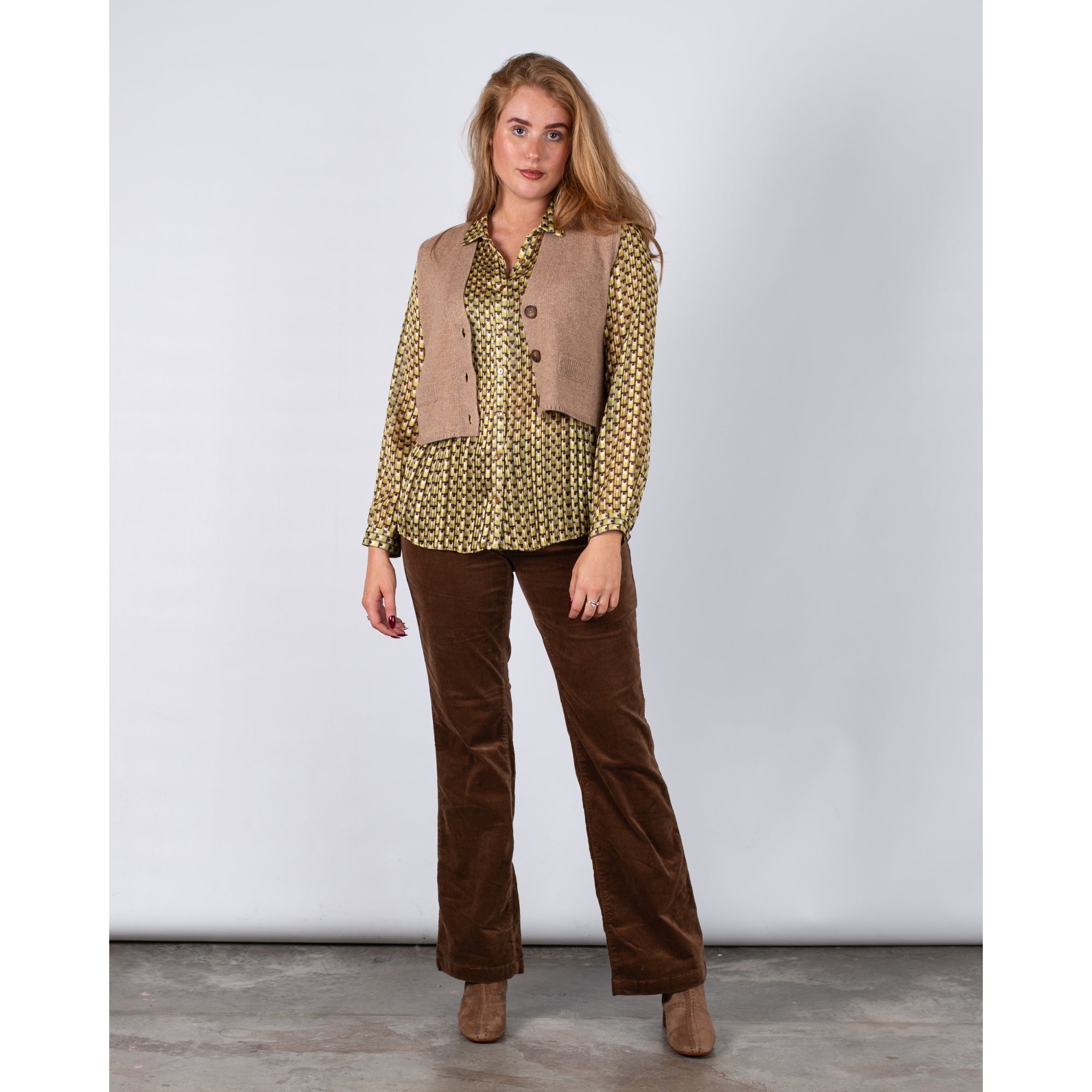 Tinta Style Selena Crinkle Retro Print Blouse With Shirt Collar Lime