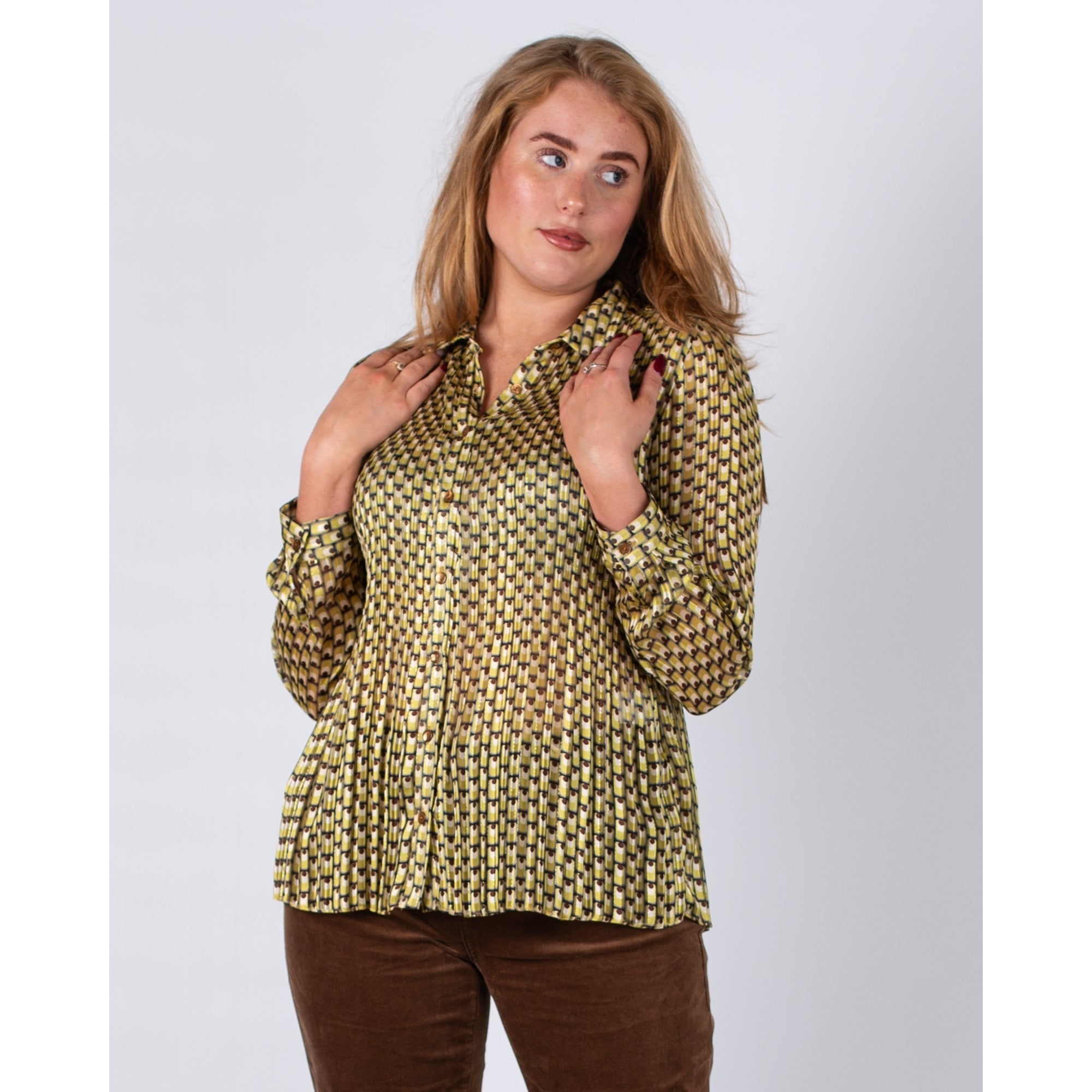 Tinta Style Selena Crinkle Retro Print Blouse With Shirt Collar Lime