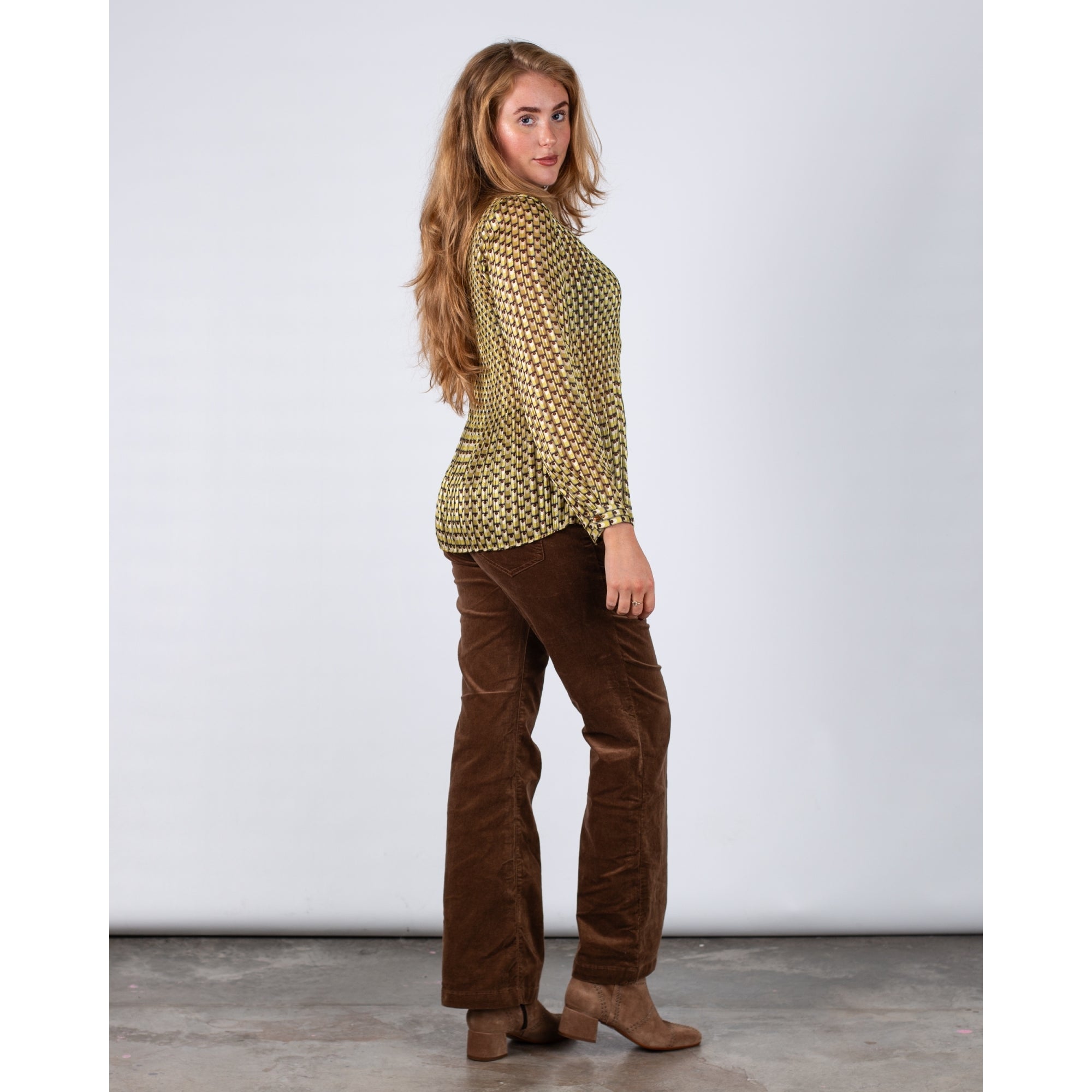 Tinta Style Selena Crinkle Retro Print Blouse With Shirt Collar Lime