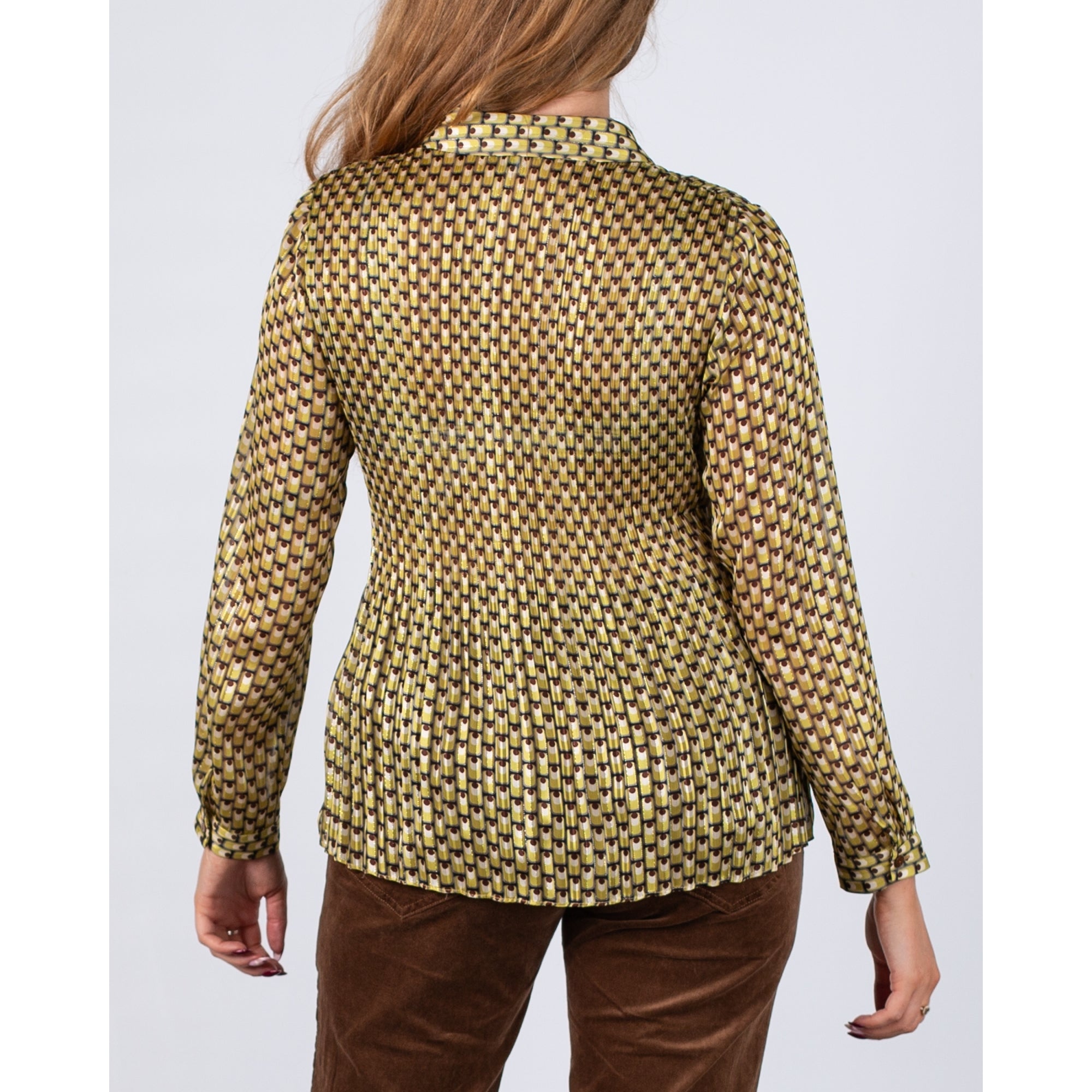 Tinta Style Selena Crinkle Retro Print Blouse With Shirt Collar Lime