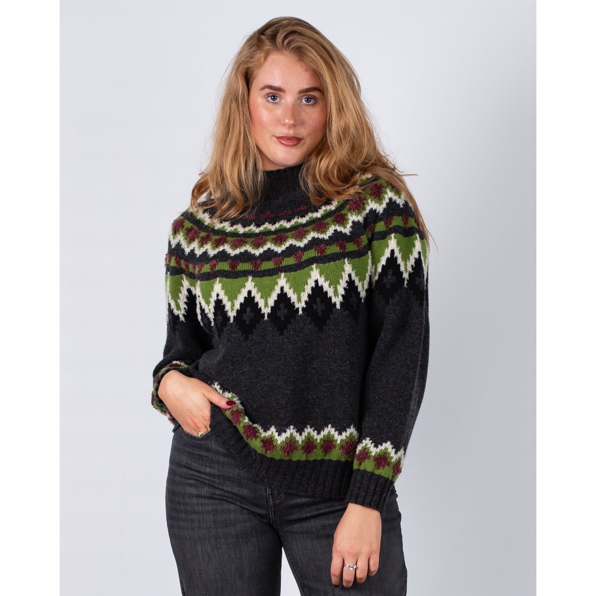 Weekend By Maxmara Orario Fairisle Loose Bodied Jumper Green/Grey