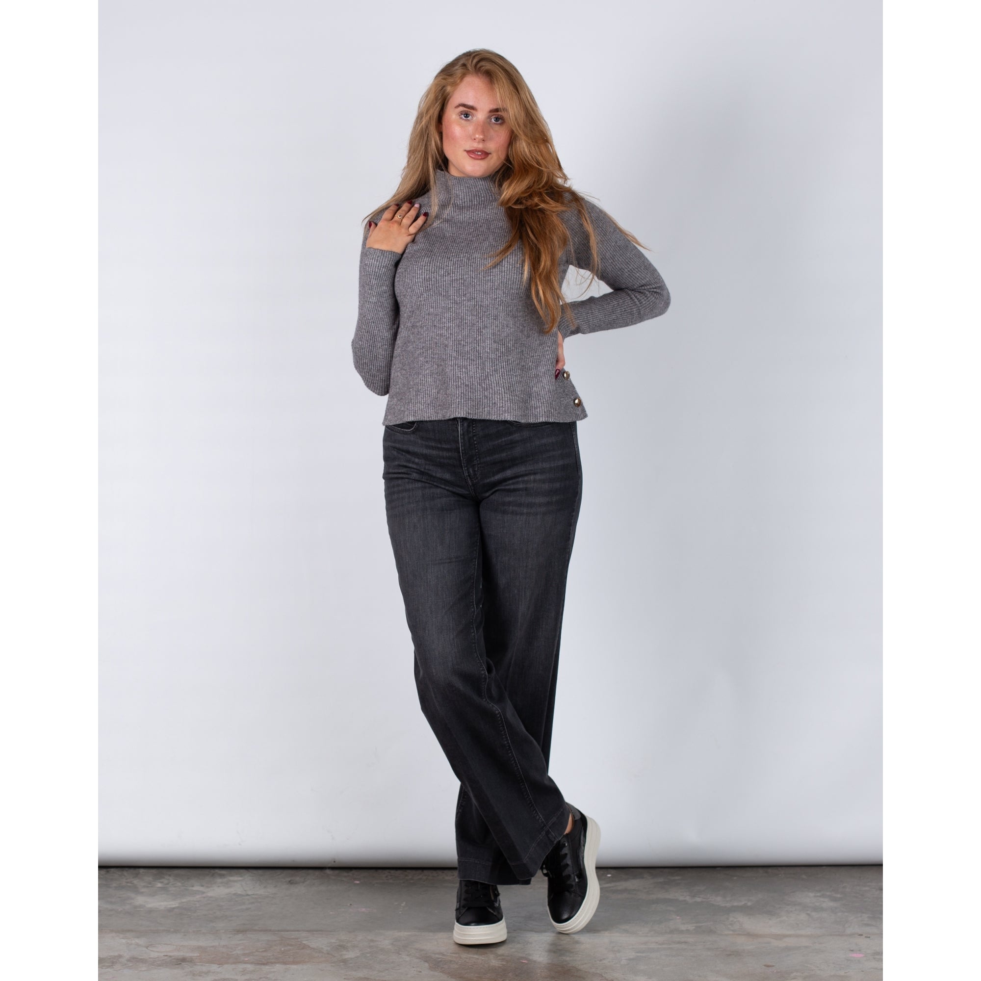 Sunny Studio Silvia Turtle Neck Ribbed Sweater With Button Down Side Grey