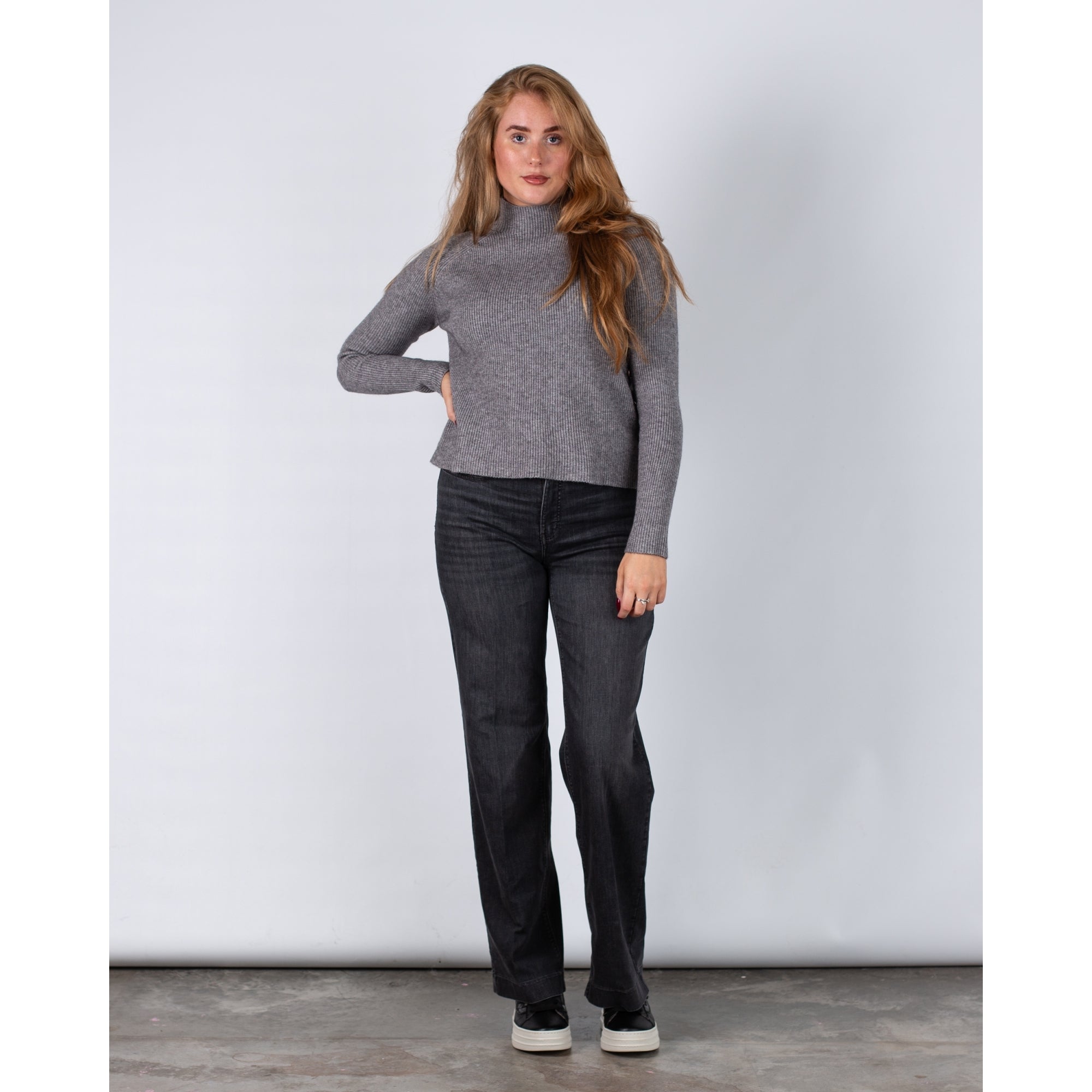 Sunny Studio Silvia Turtle Neck Ribbed Sweater With Button Down Side Grey