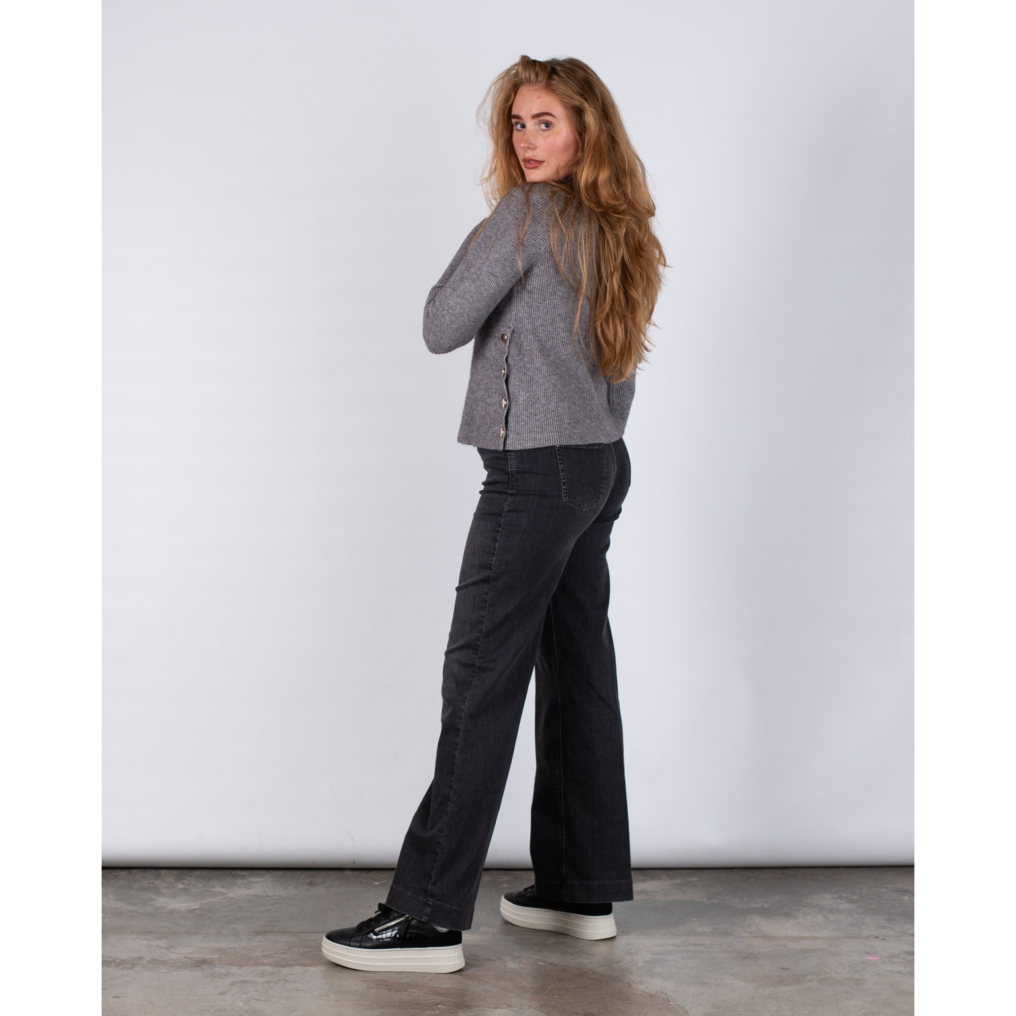 Sunny Studio Silvia Turtle Neck Ribbed Sweater With Button Down Side Grey