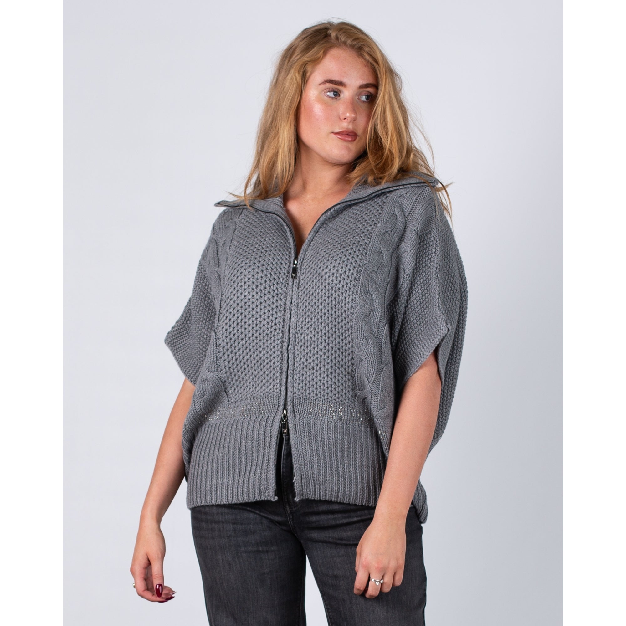 Monari Cable Zip Front Short Sleeve Knitted Jacket Grey