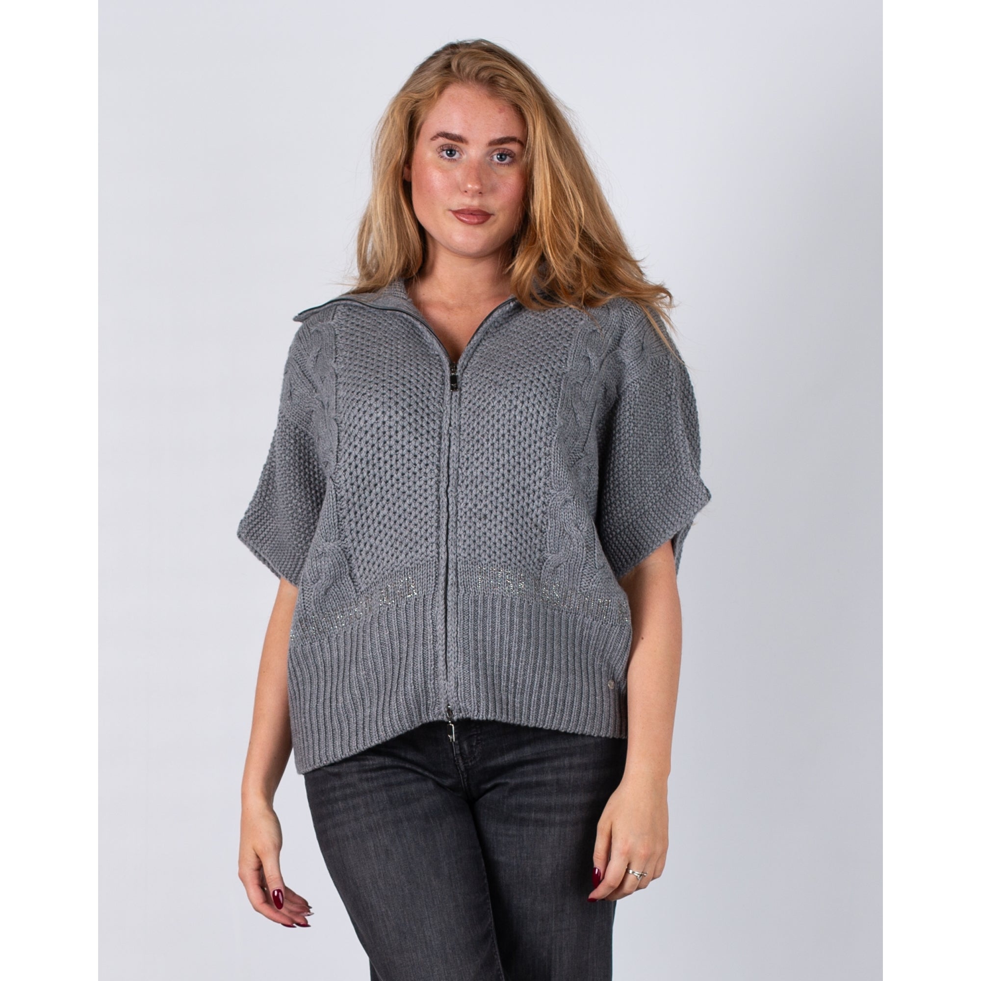 Monari Cable Zip Front Short Sleeve Knitted Jacket Grey