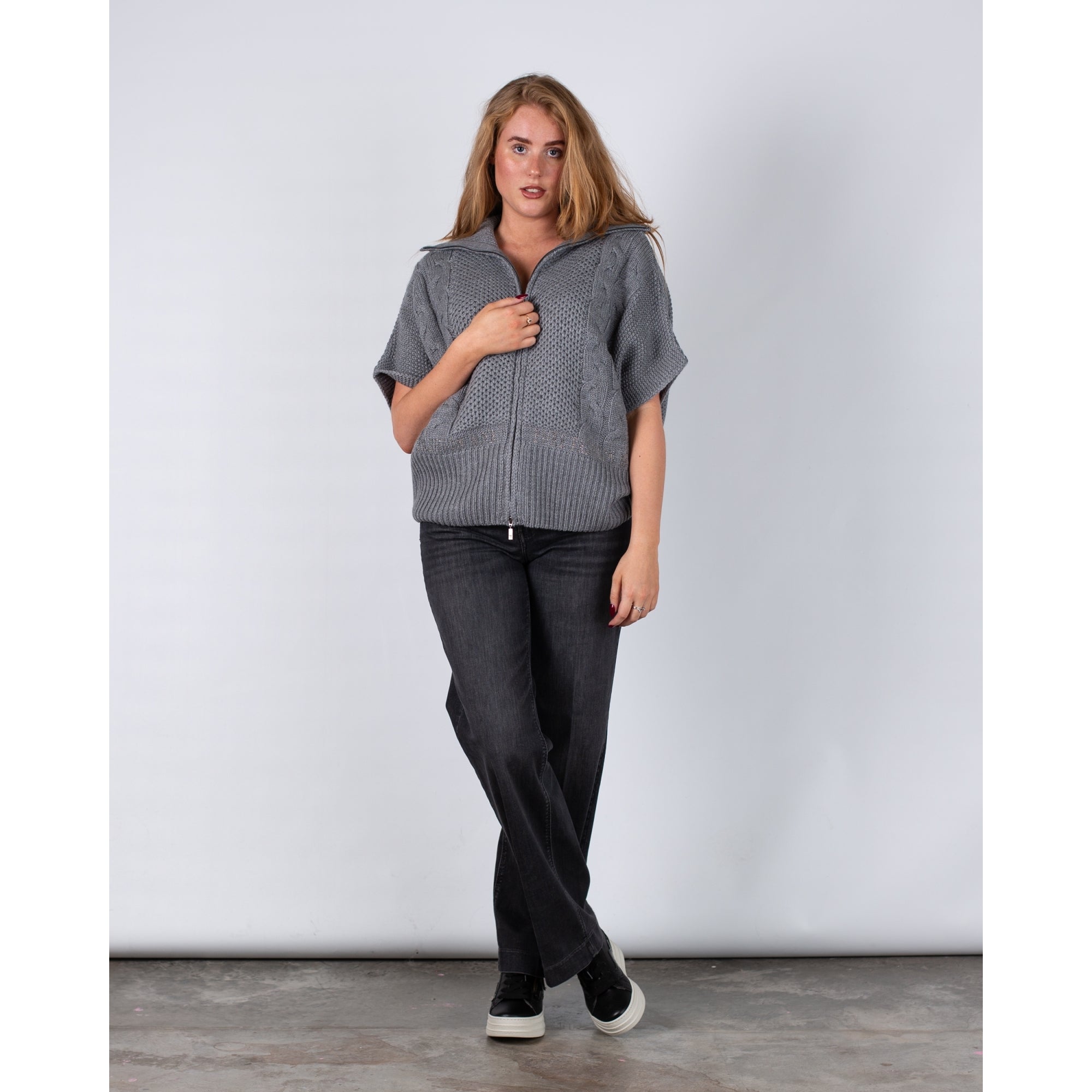 Monari Cable Zip Front Short Sleeve Knitted Jacket Grey