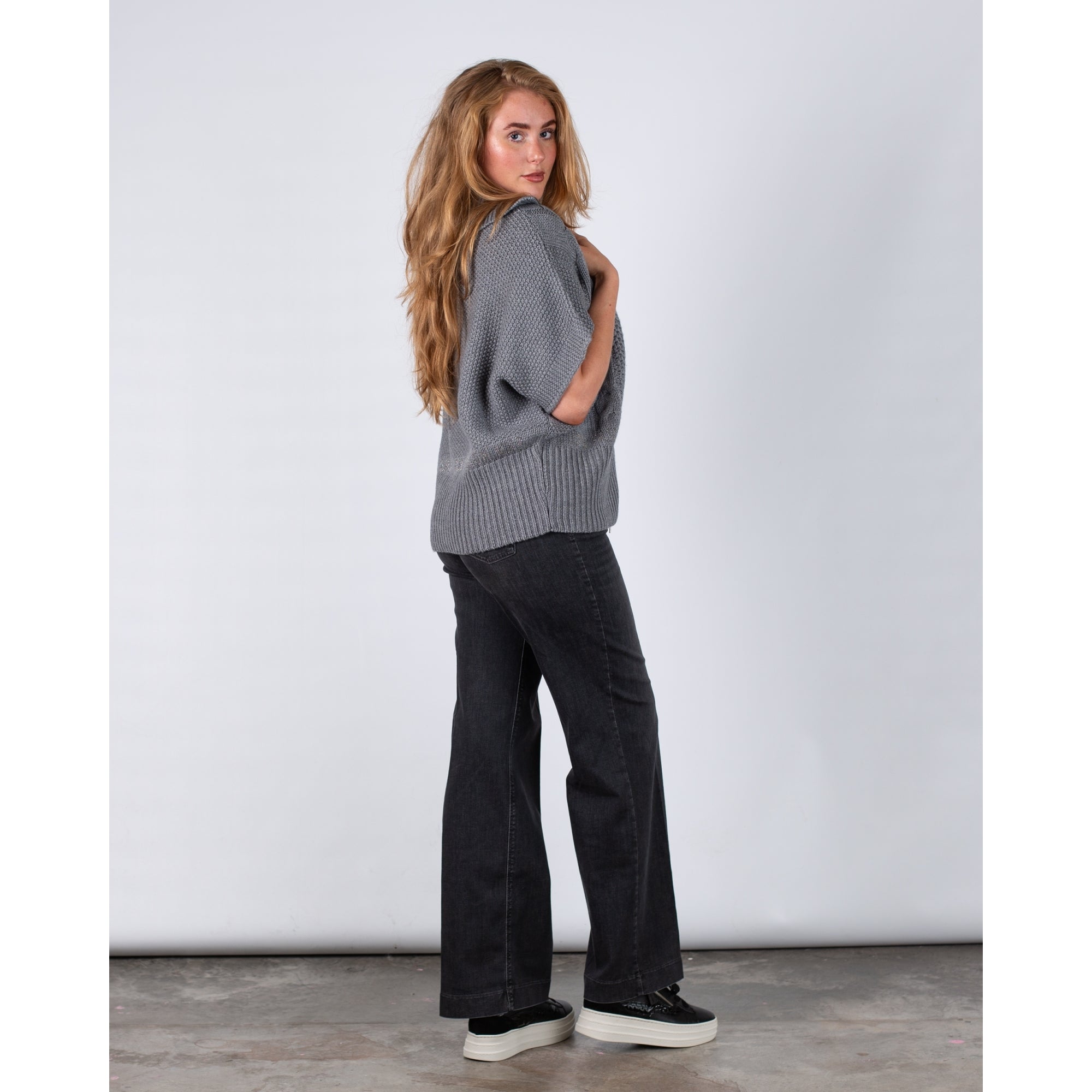 Monari Cable Zip Front Short Sleeve Knitted Jacket Grey