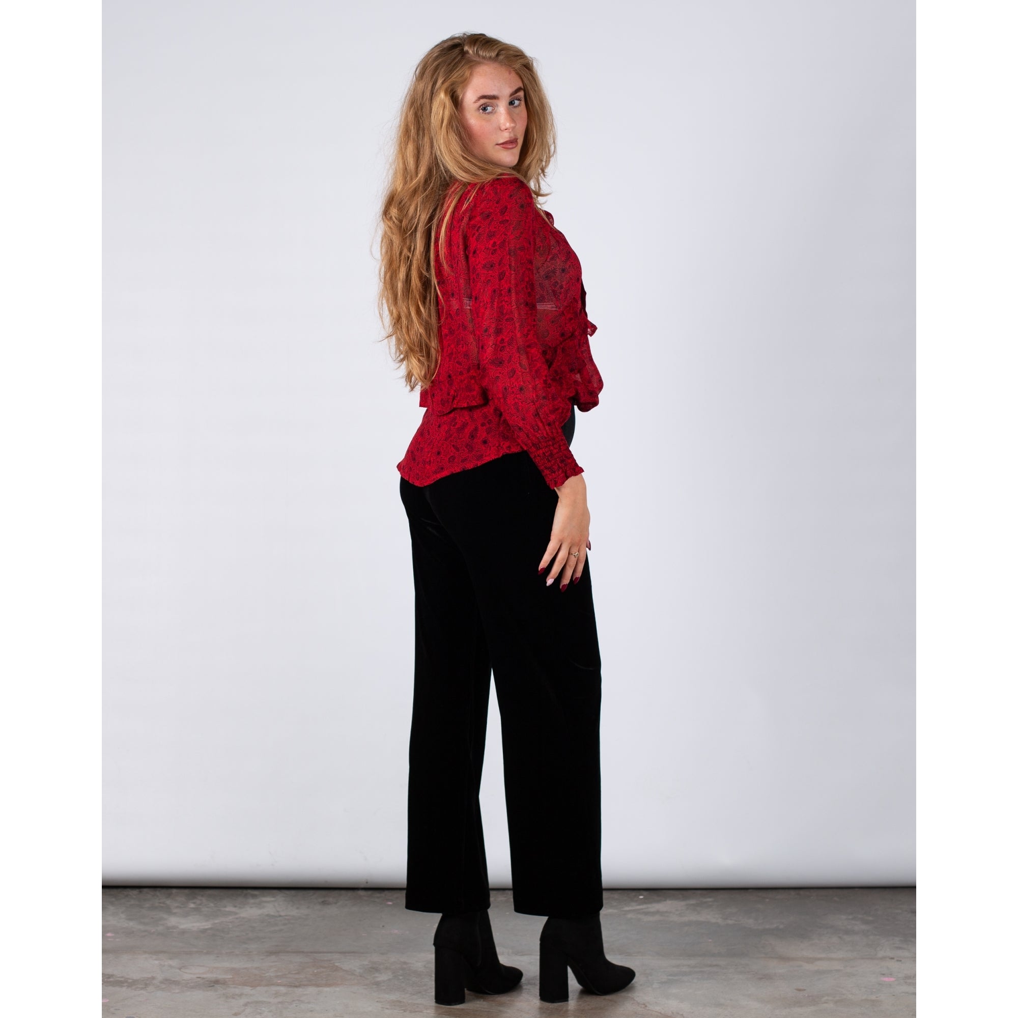 Part Two Monika Floral Print Tie Neck Frill Front Blouse Red/black