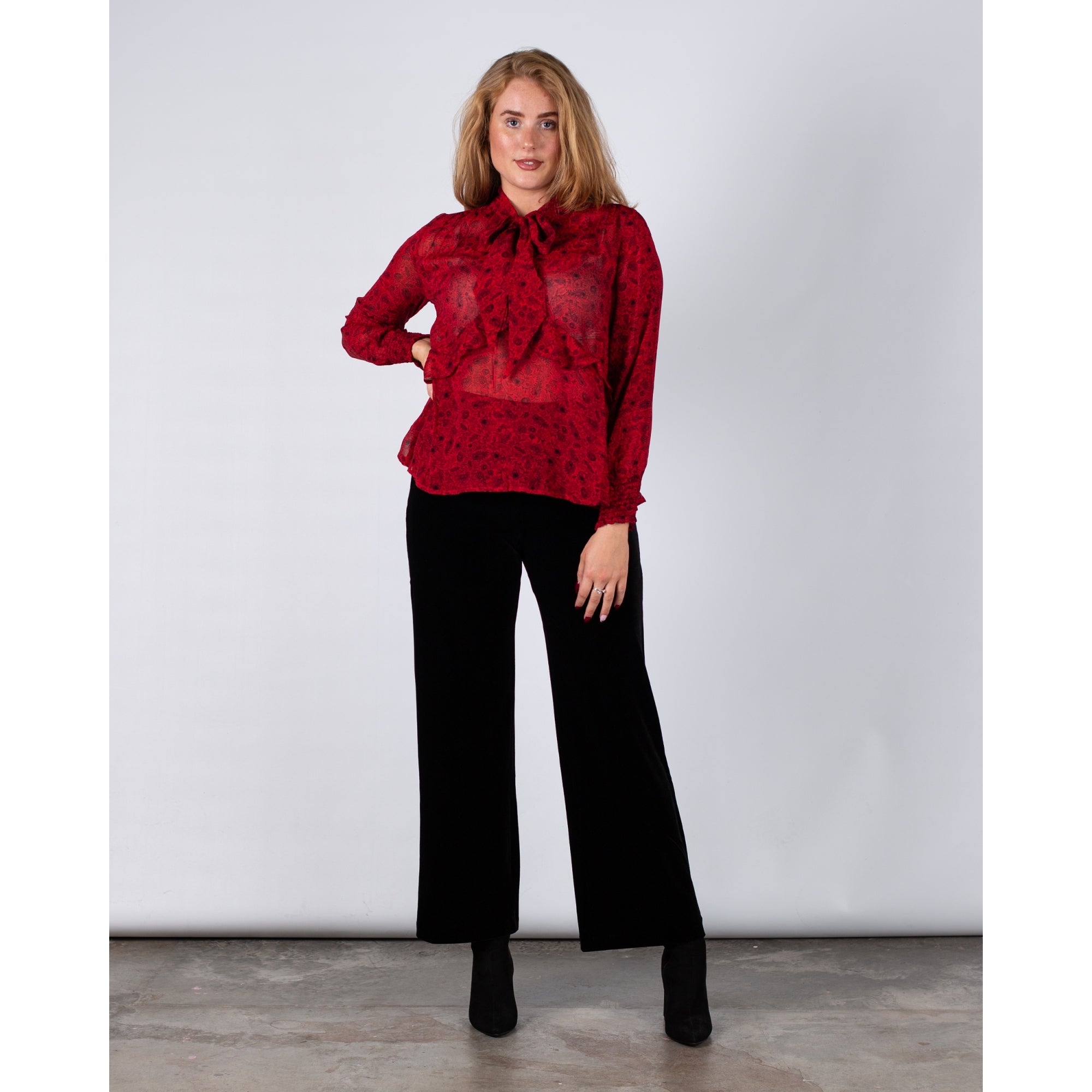 Part Two Monika Floral Print Tie Neck Frill Front Blouse Red/black