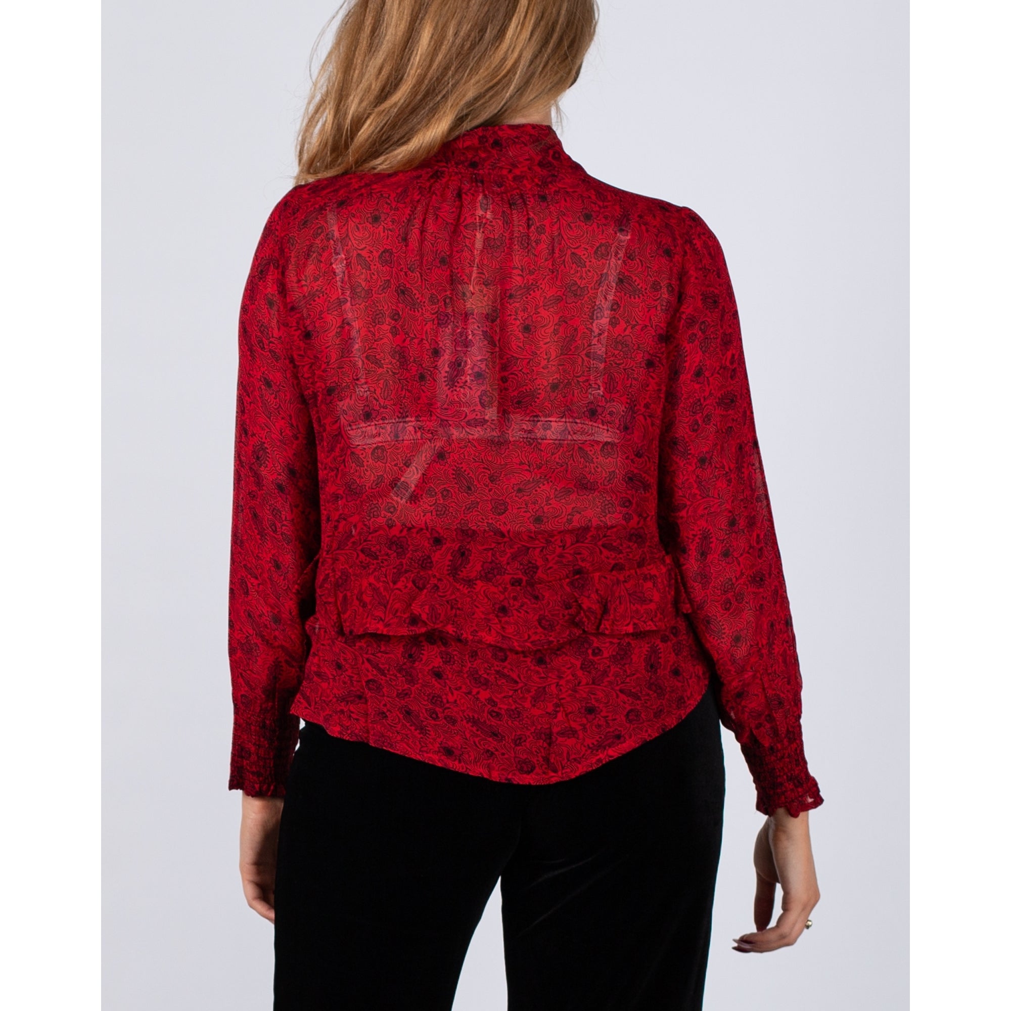 Part Two Monika Floral Print Tie Neck Frill Front Blouse Red/black