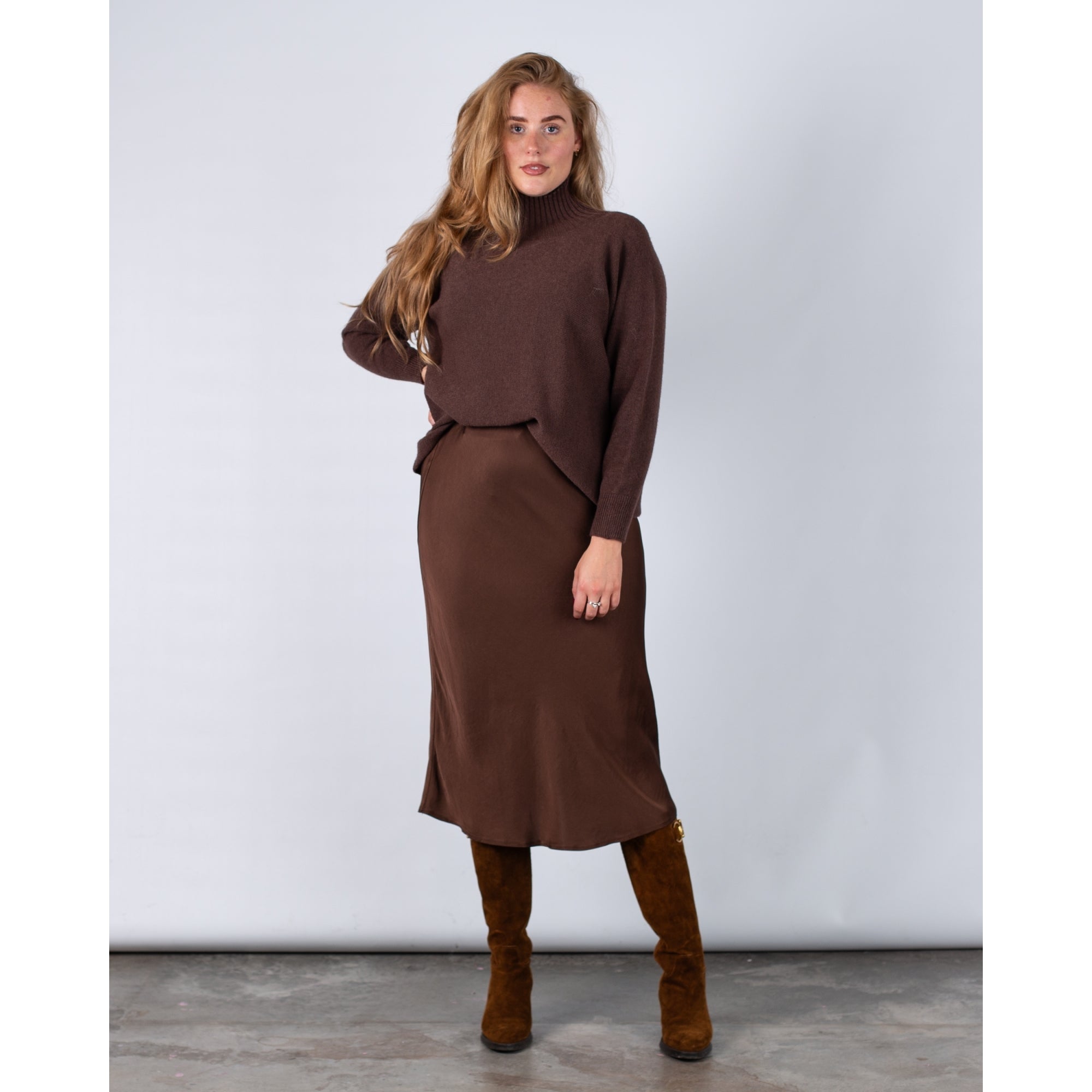 Sunny Studio Bias Cut Silk And Viscose Skirt Chestnut