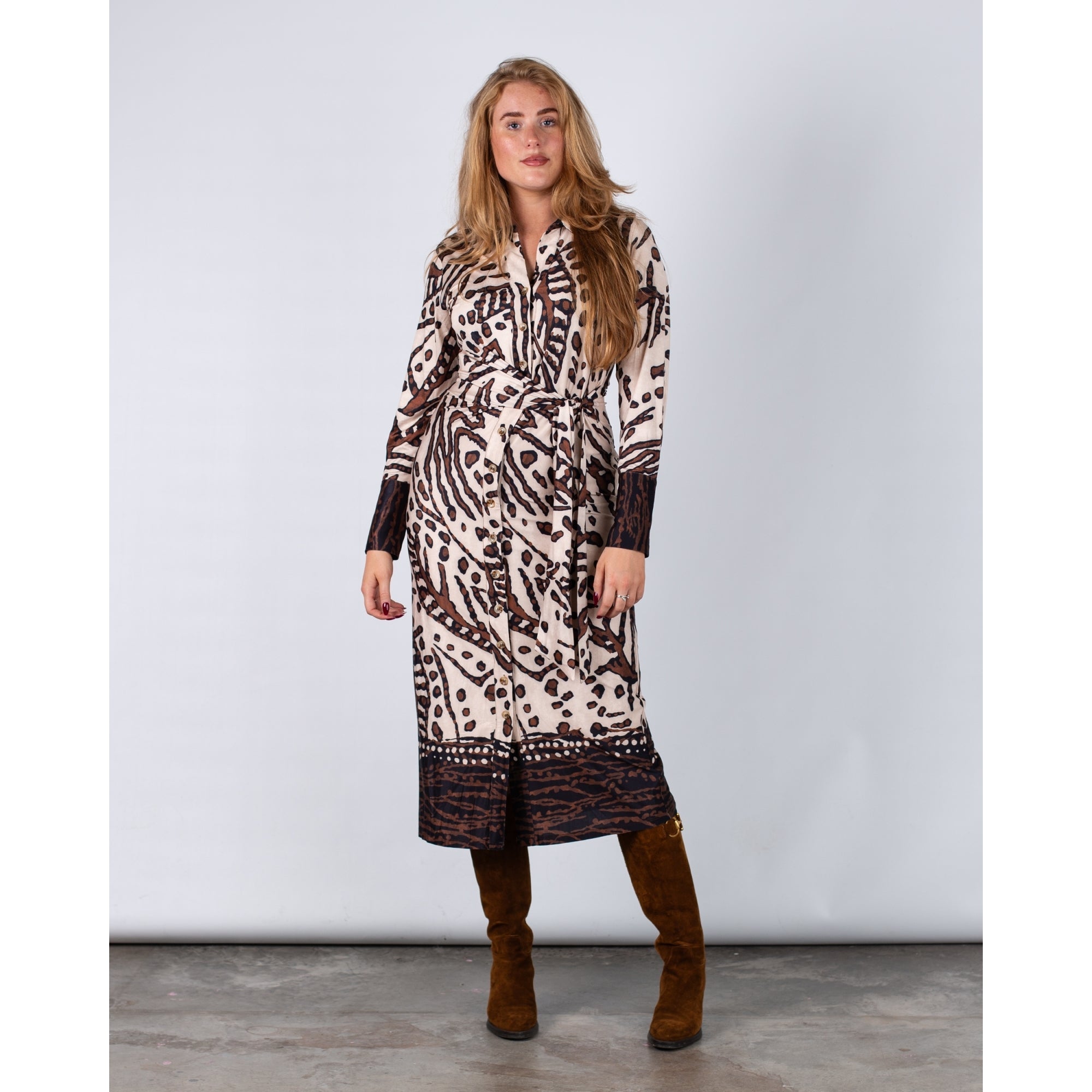 K Design Abstract Twig Print Belted Maxi Dress Cream/brown