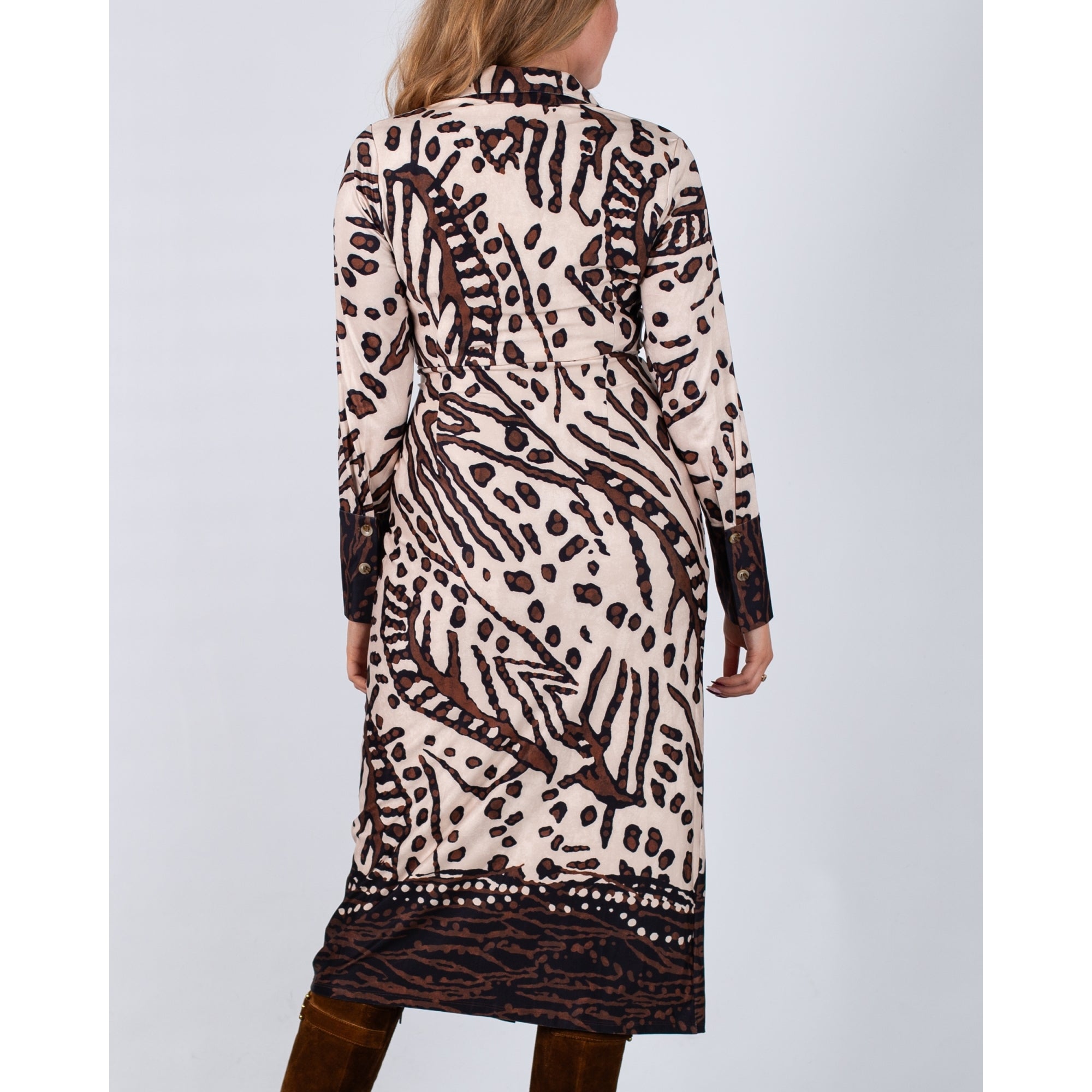 K Design Abstract Twig Print Belted Maxi Dress Cream/brown