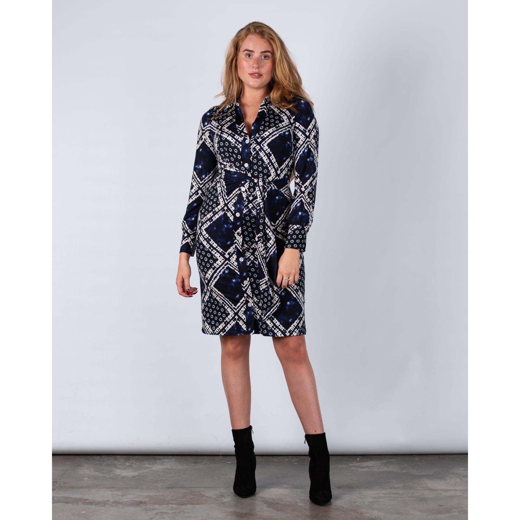 K Design Diamond Print Jersey Short Dress With Tie Side Navy/white