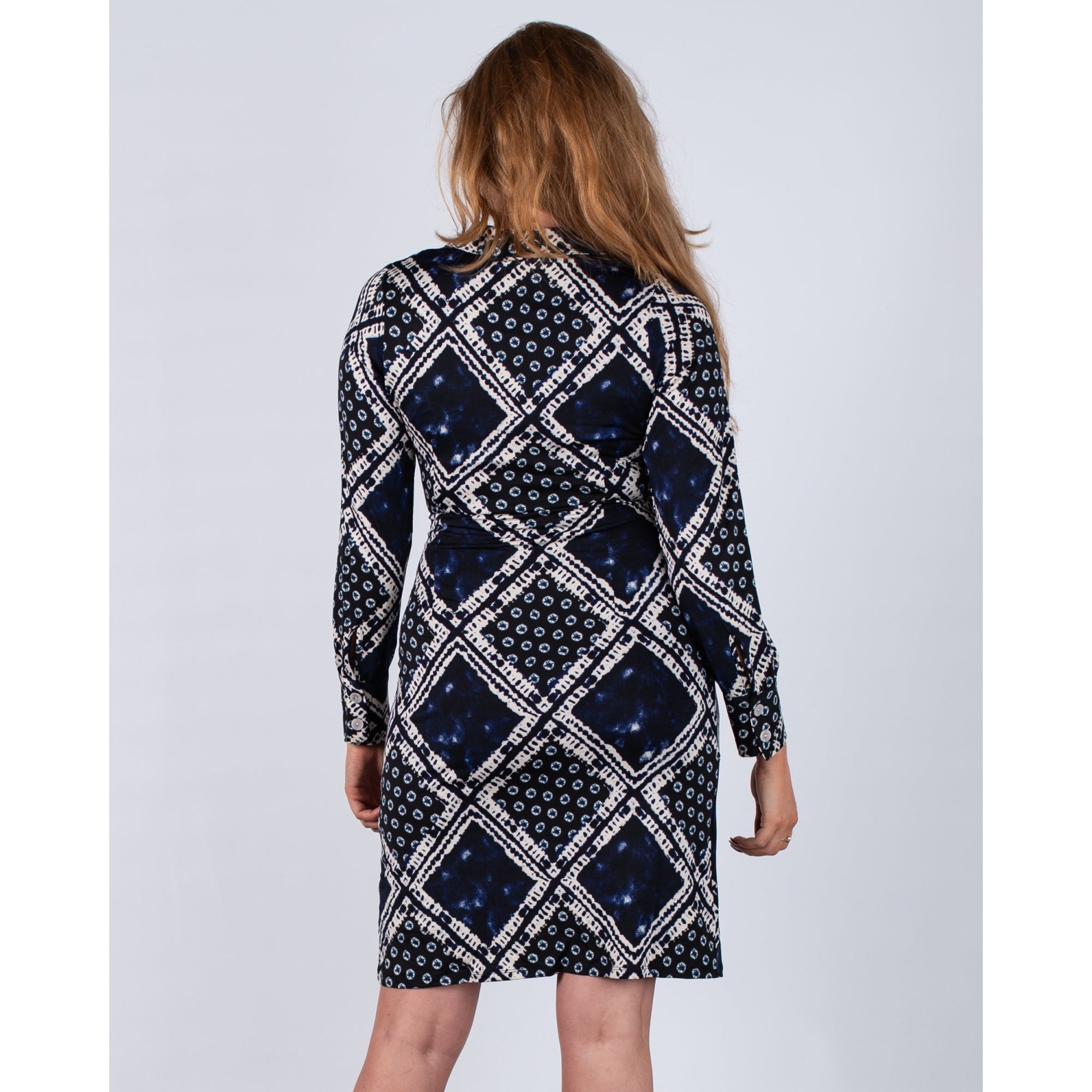 K Design Diamond Print Jersey Short Dress With Tie Side Navy/white
