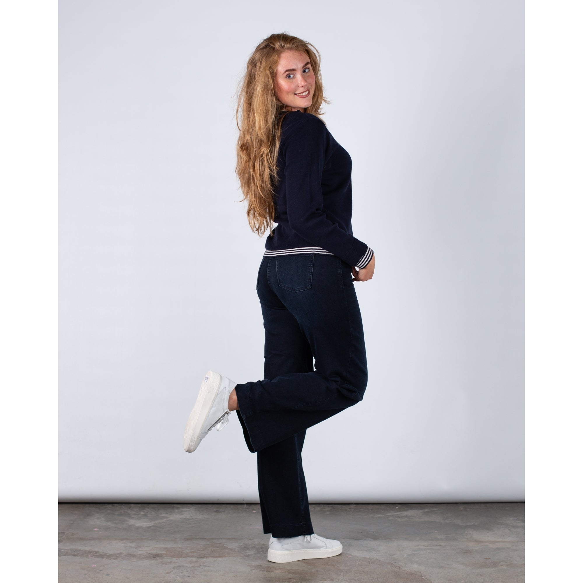 Oui Cotton Round Neck Stripe Hem Jumper Navy