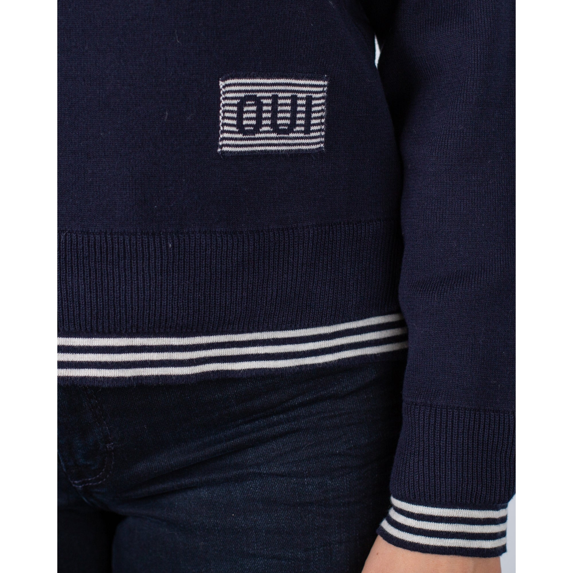 Oui Cotton Round Neck Stripe Hem Jumper Navy