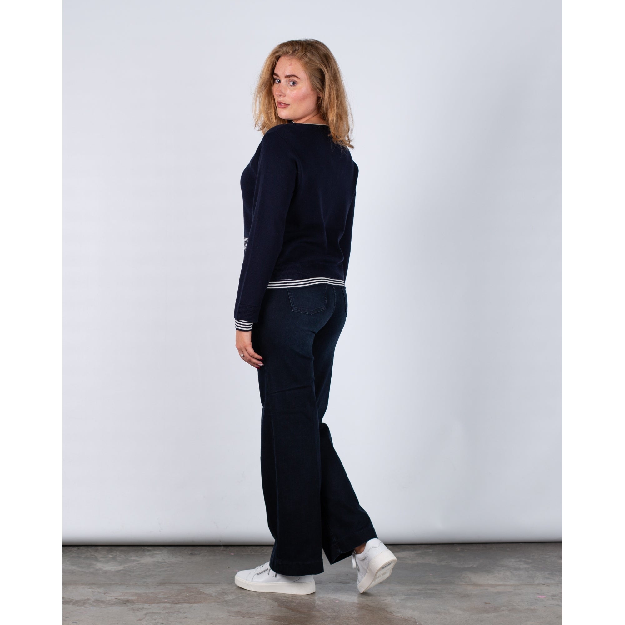 Oui Cotton Round Neck Stripe Hem Jumper Navy