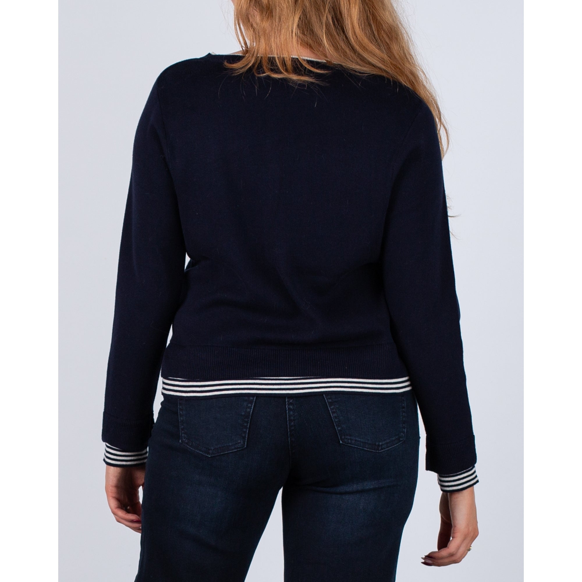 Oui Cotton Round Neck Stripe Hem Jumper Navy