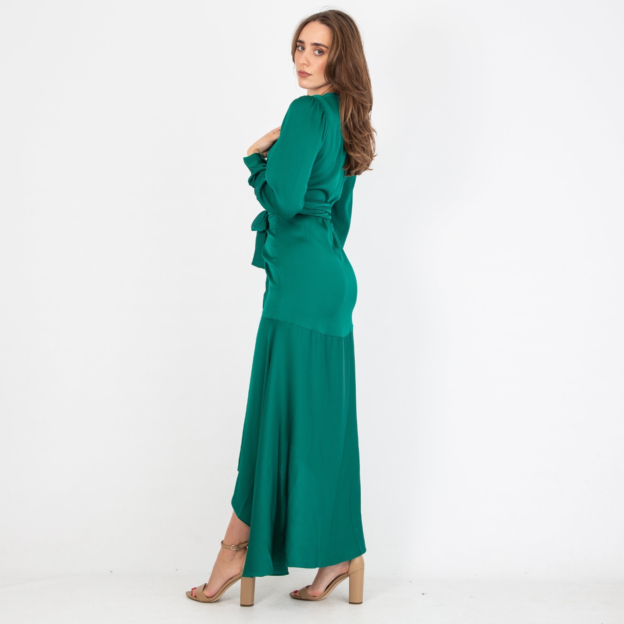 Silk95 Ananda Tie Waist Tiered Silk Wrap Dress Emerald
