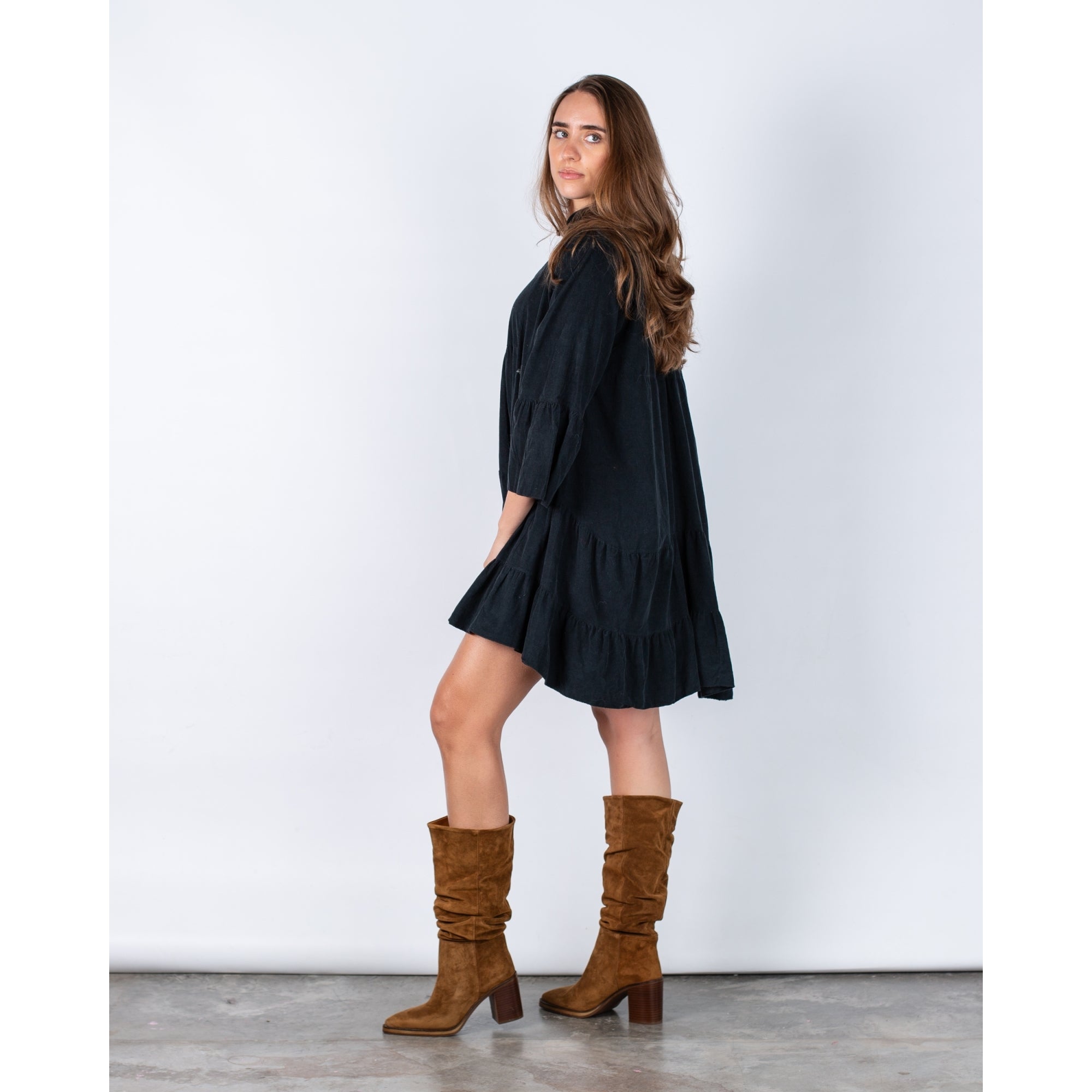 Sister Studio Faline Split Neck Tiered Cord Dress Black