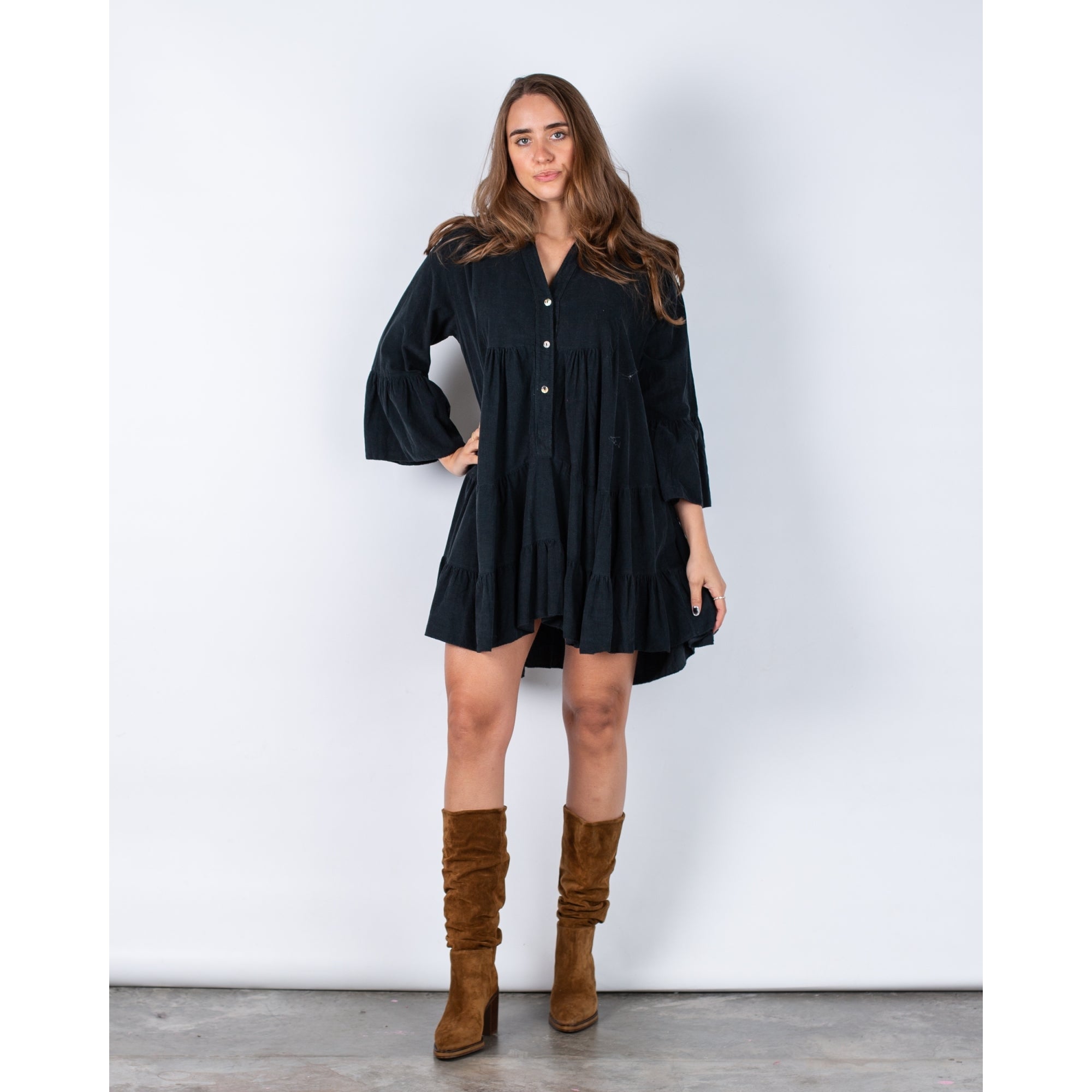 Sister Studio Faline Split Neck Tiered Cord Dress Black