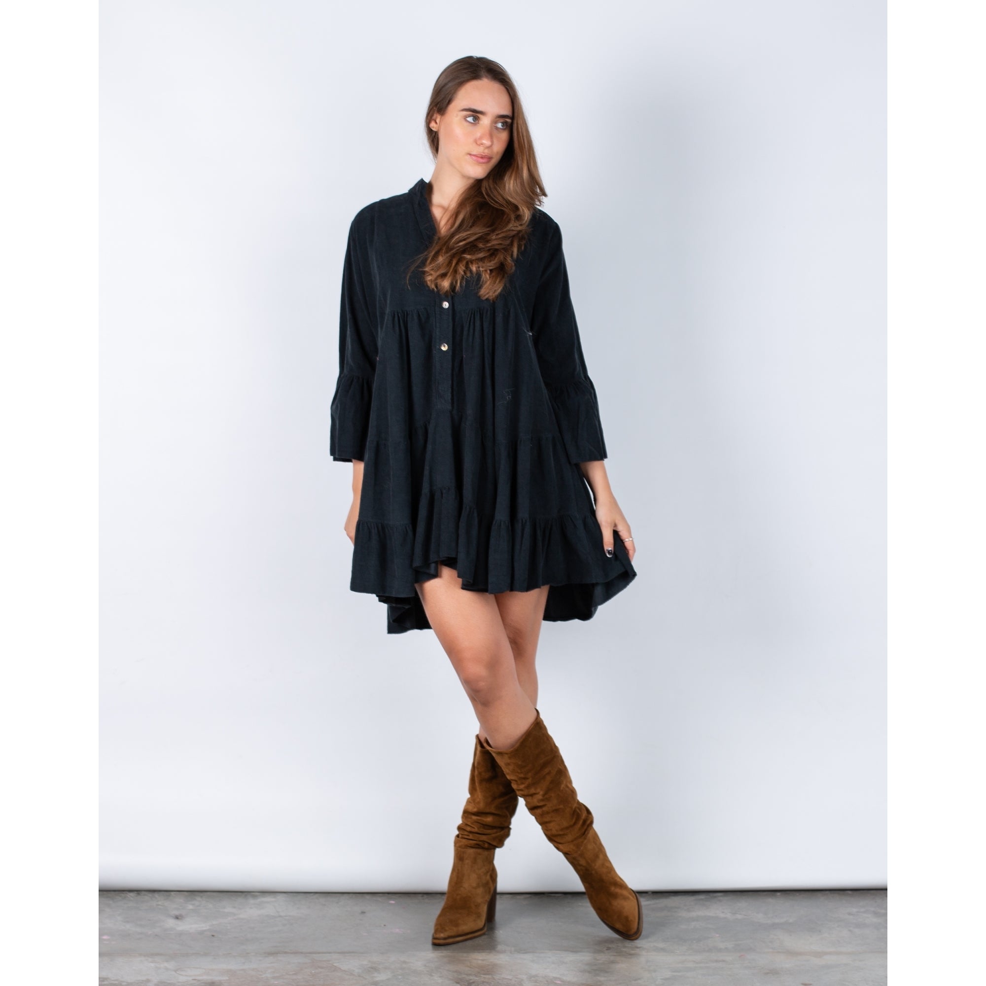 Sister Studio Faline Split Neck Tiered Cord Dress Black