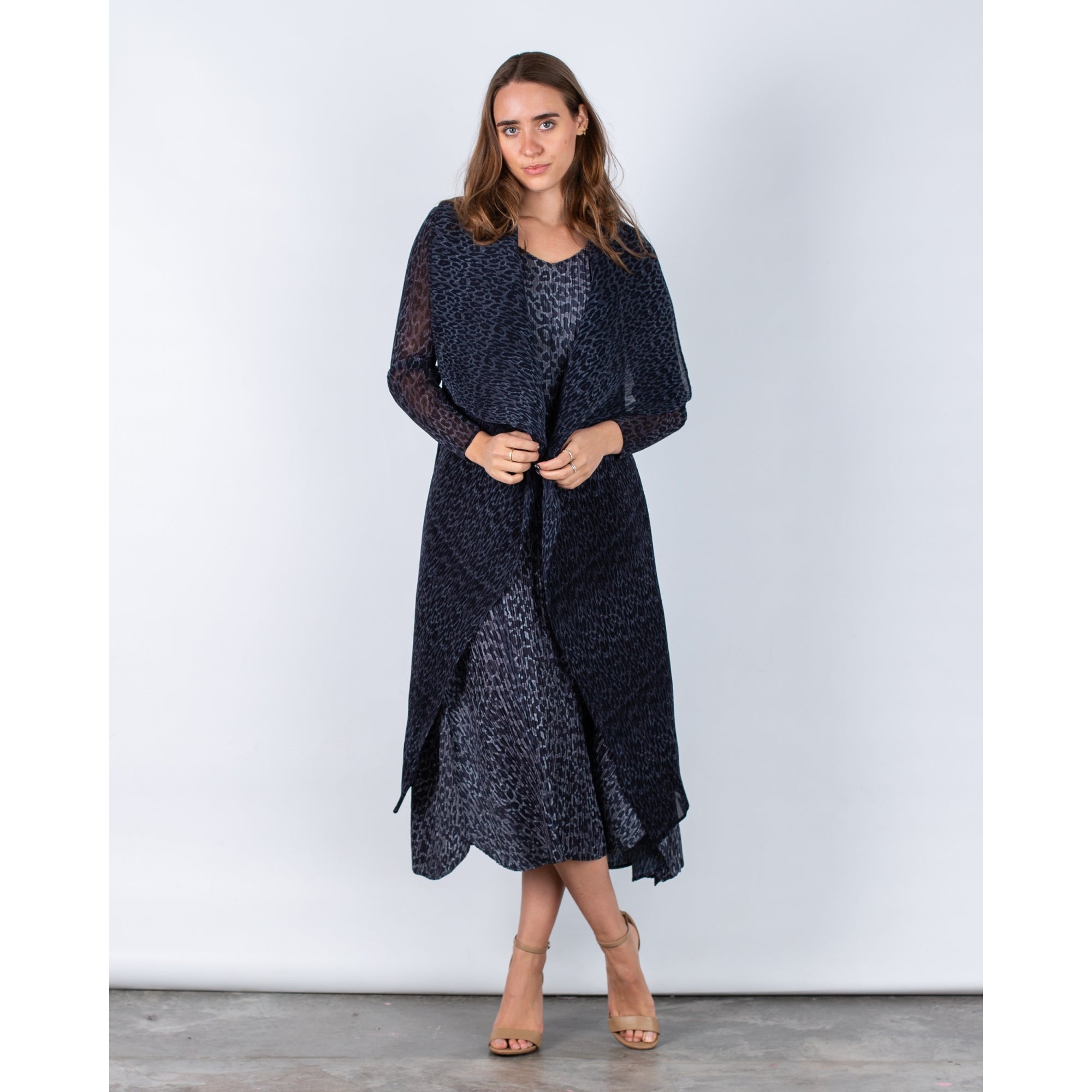 Alquema Long Estrella Crinkle Pleat Sleeveless Dress Black Leopard