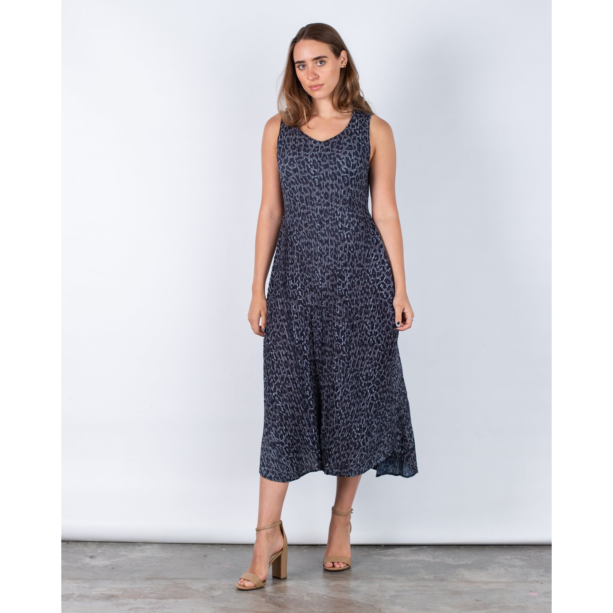 Alquema Long Estrella Crinkle Pleat Sleeveless Dress Black Leopard