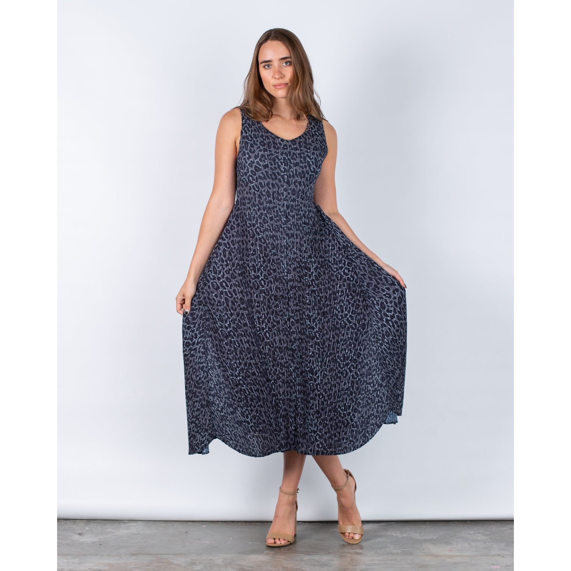 Alquema Long Estrella Crinkle Pleat Sleeveless Dress Black Leopard