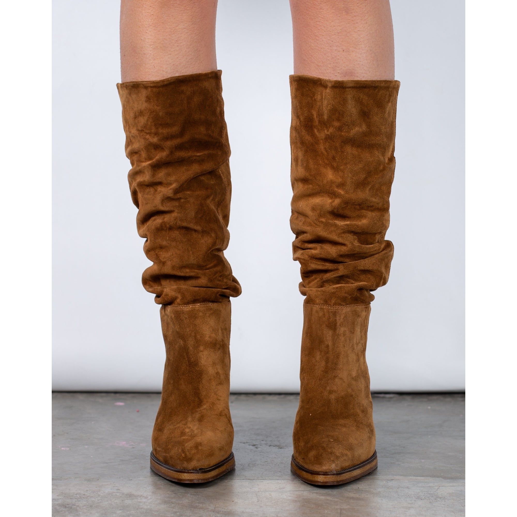 Alpe Camden Suede Ruched Leg Block Heel Tall Boot Tan