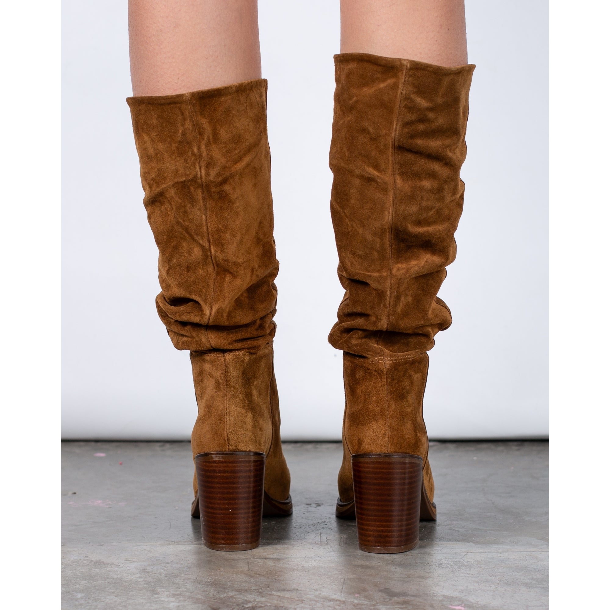 Alpe Camden Suede Ruched Leg Block Heel Tall Boot Tan