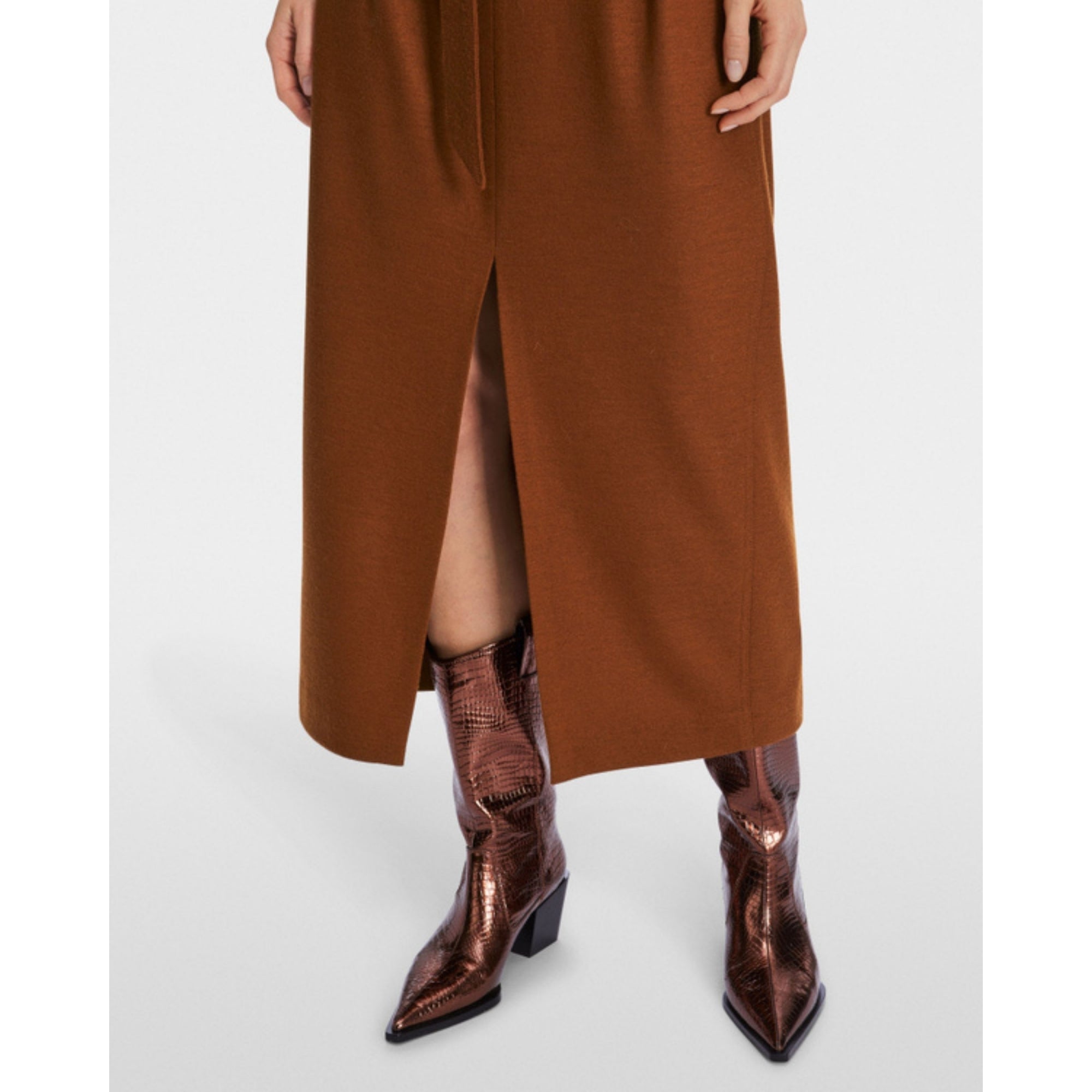 Marc Cain Split Front Belted Wool Midi Skirt Tobacco 637
