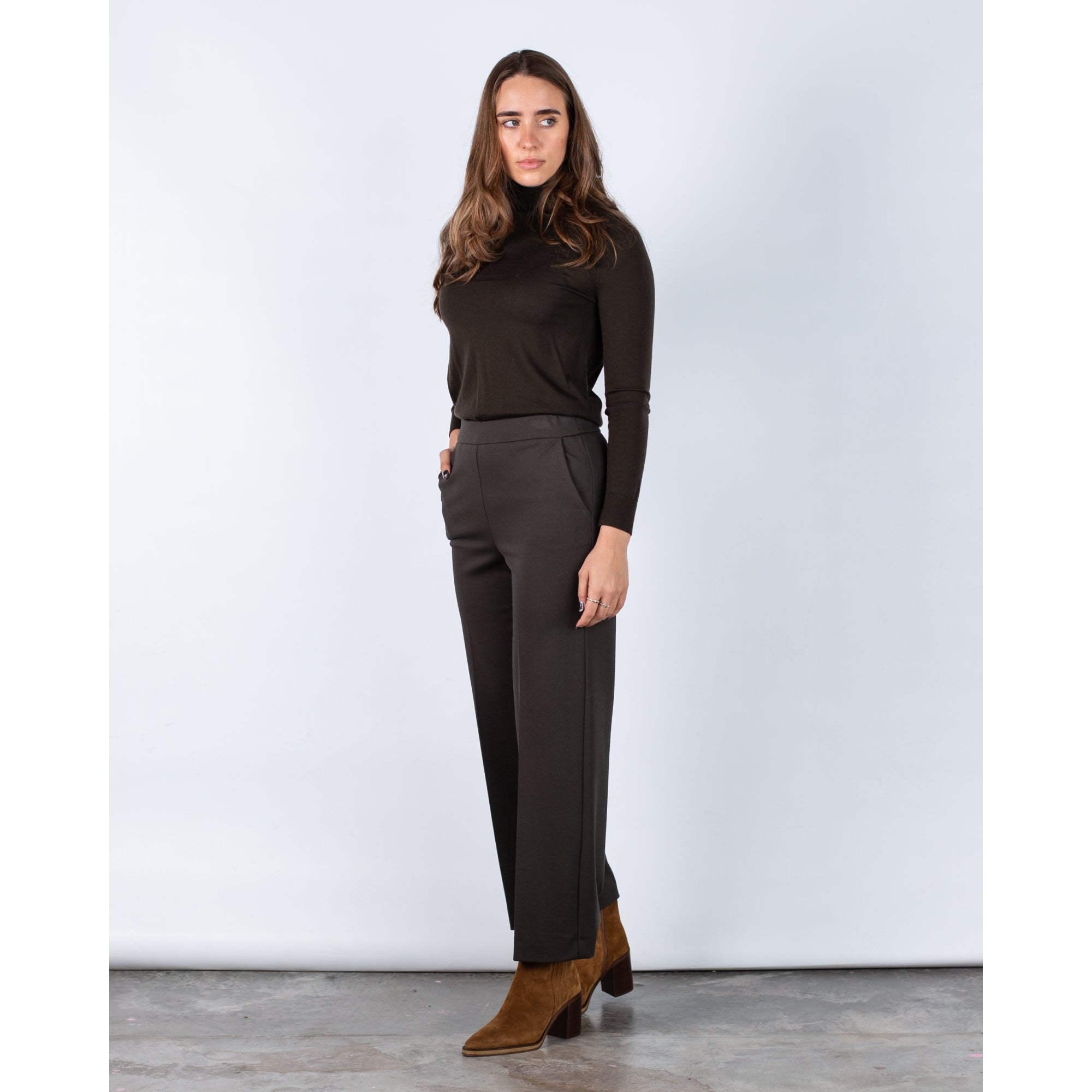 Luisa Cerano Polo Neck Merino Wool Long Fine Jumper Dark Olive