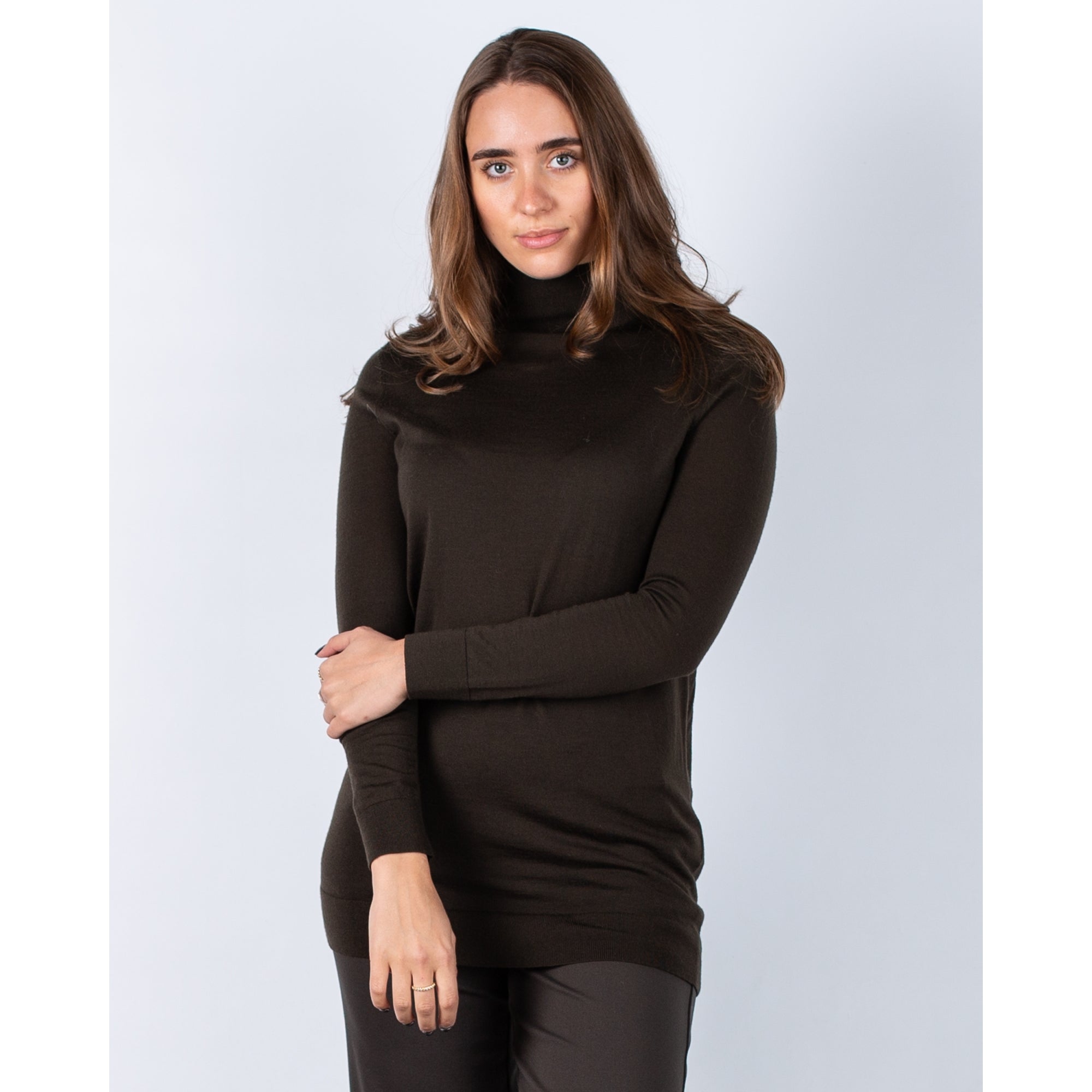 Luisa Cerano Polo Neck Merino Wool Long Fine Jumper Dark Olive