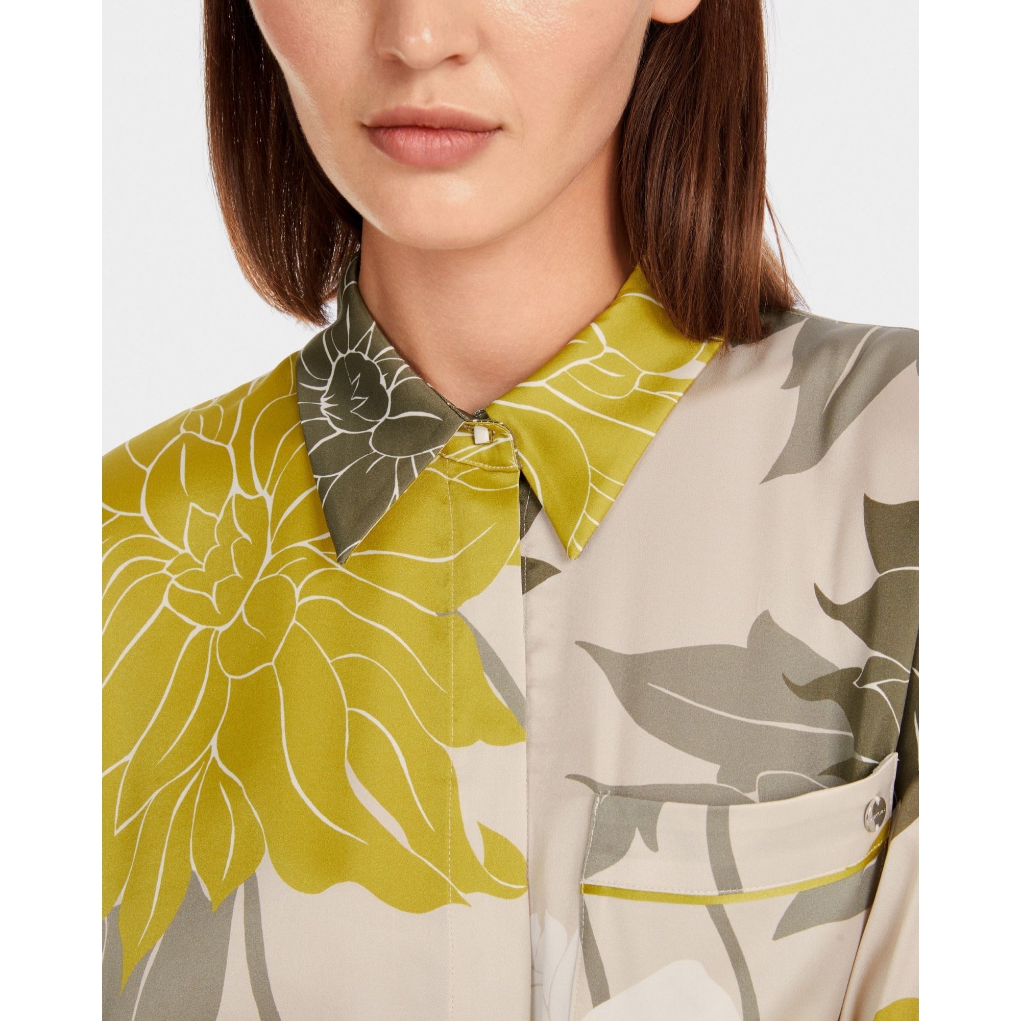 Marc Cain Floral Silk Shirt With Front Pocket Pearl/multi
