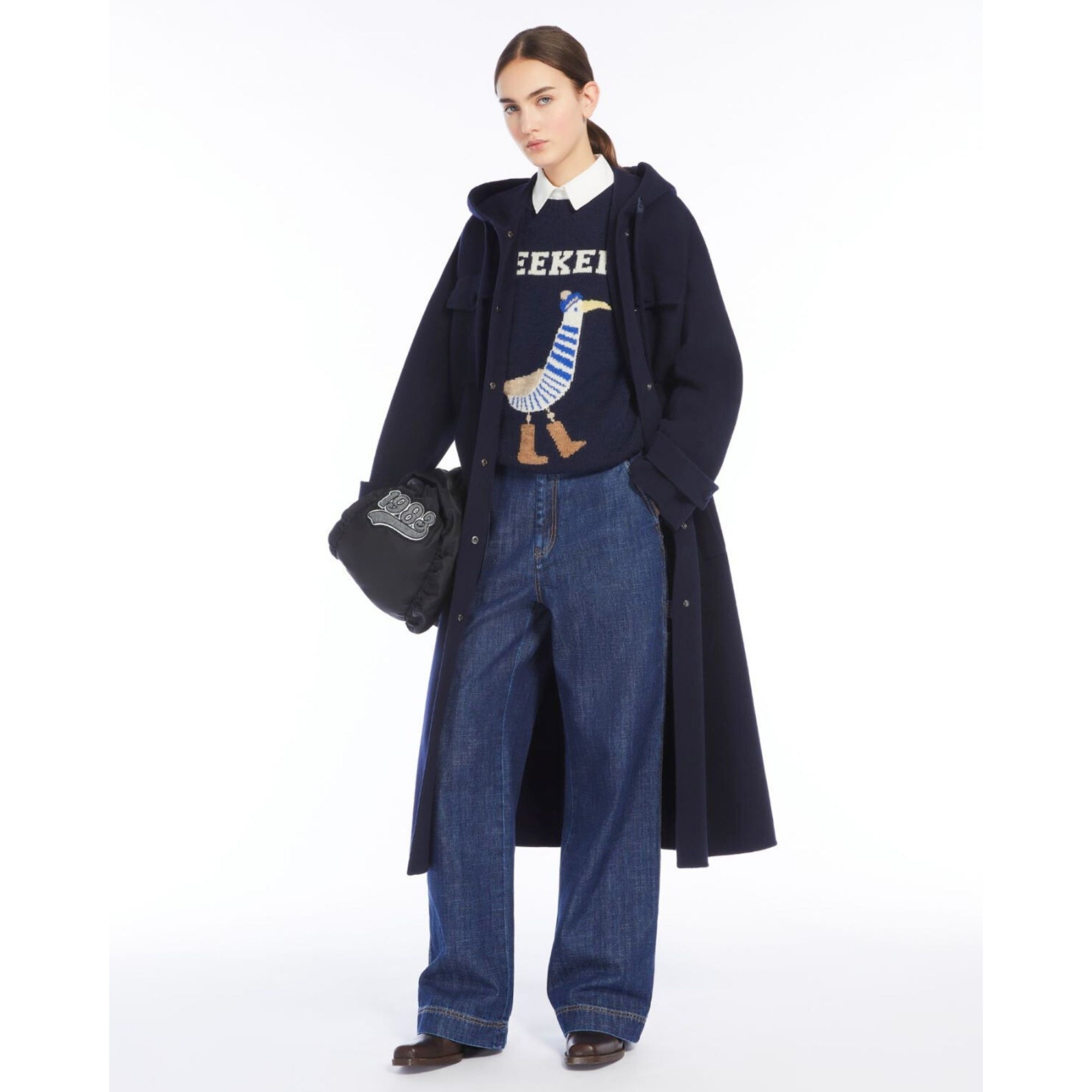 Weekend By Maxmara Levante Hooded Long Patch Pocket Belted Coat Navy
