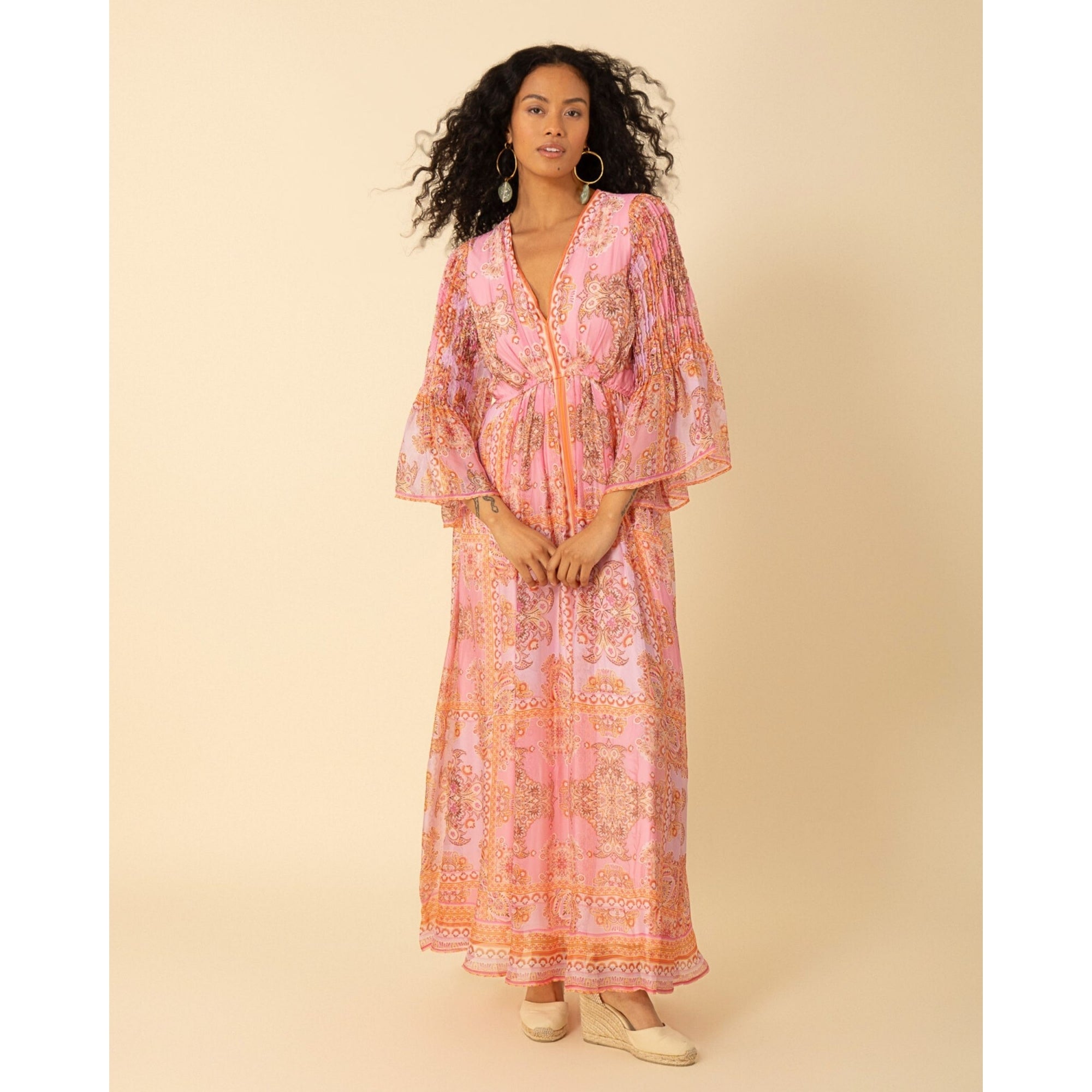 Hale Bob Paisley Print Empire Seam Maxi Dress With Flute Sleeves Pink/coral