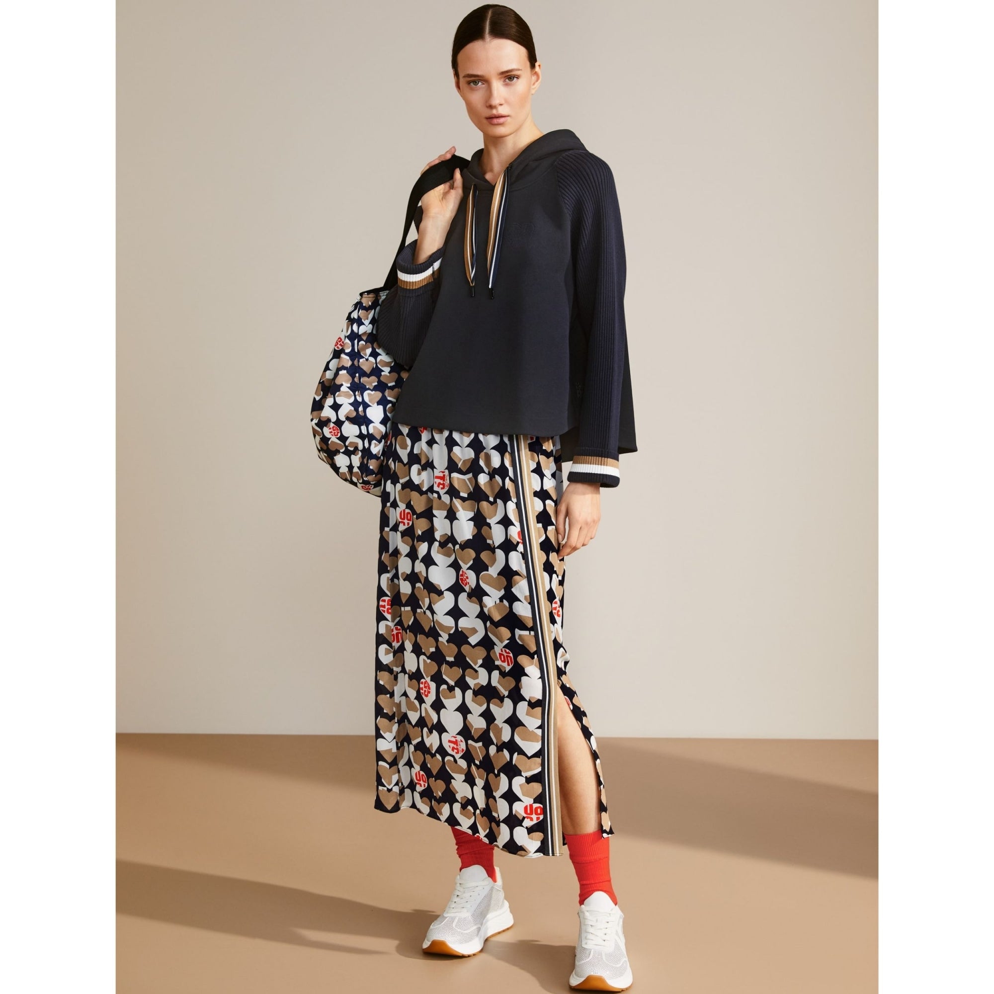 Marc Cain A Line Sweater With Rib Sleeve & Stripe Cuff Navy