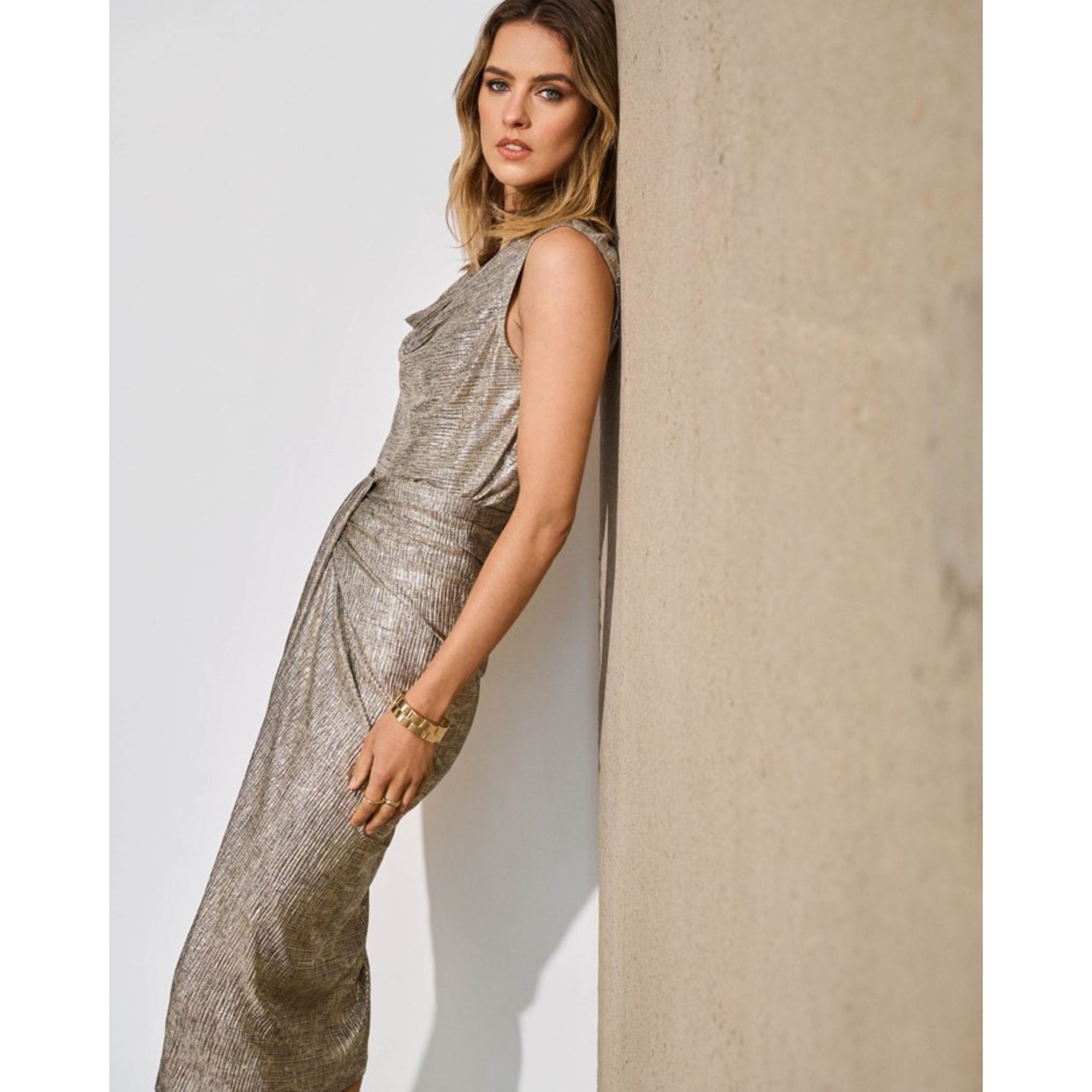 Joseph Ribkoff Metallic Cowl Neck Sleeveless Top Gold