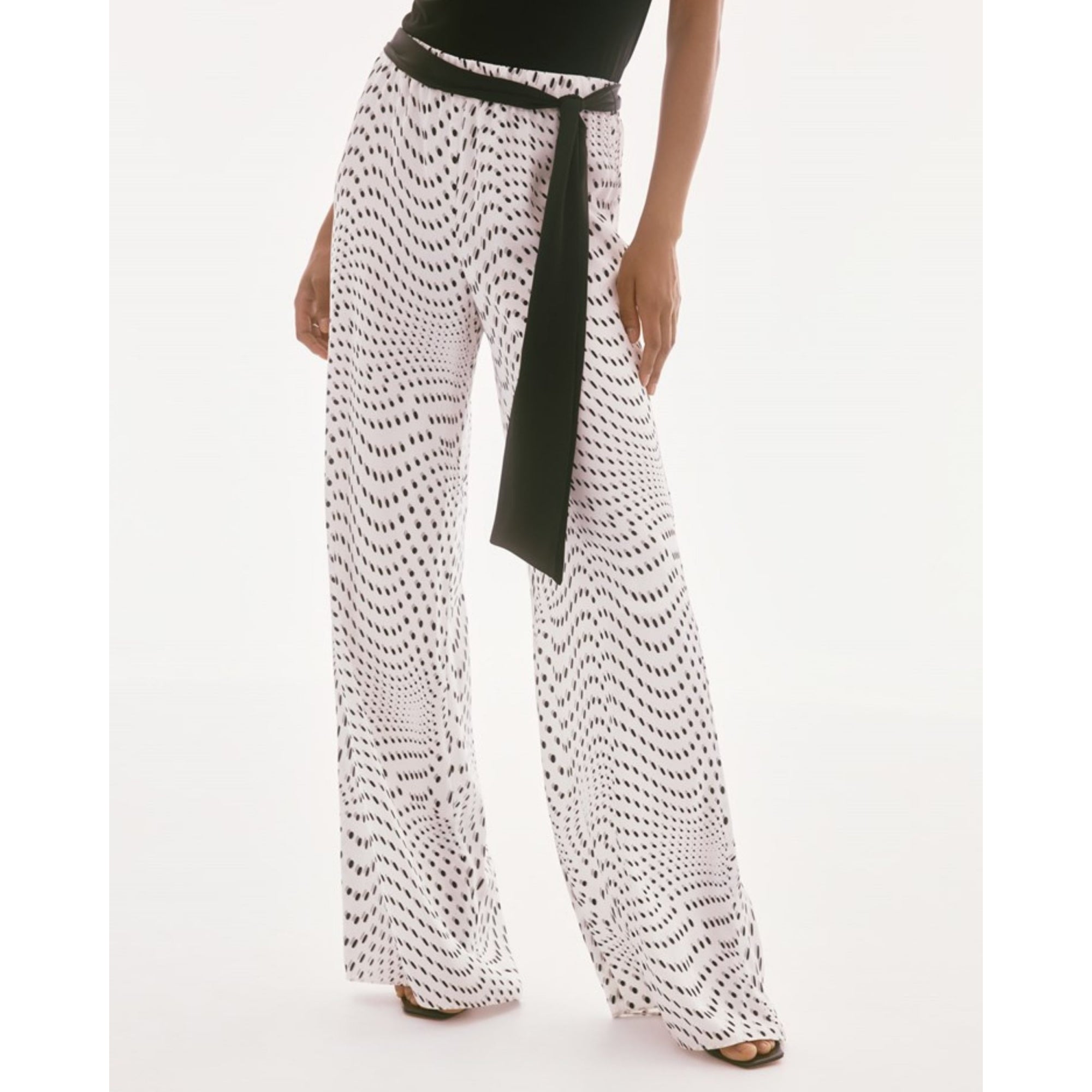 Joseph Ribkoff Polka Dot Illusion Palazzo Pant With Tie Belt Vanilla/black