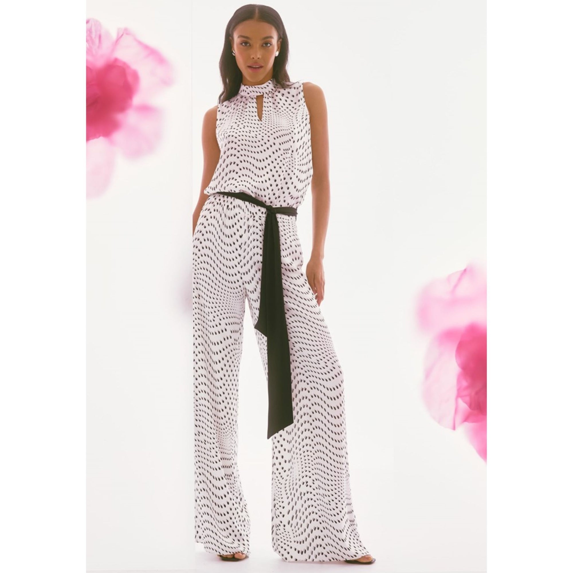 Joseph Ribkoff Polka Dot Illusion Palazzo Pant With Tie Belt Vanilla/black