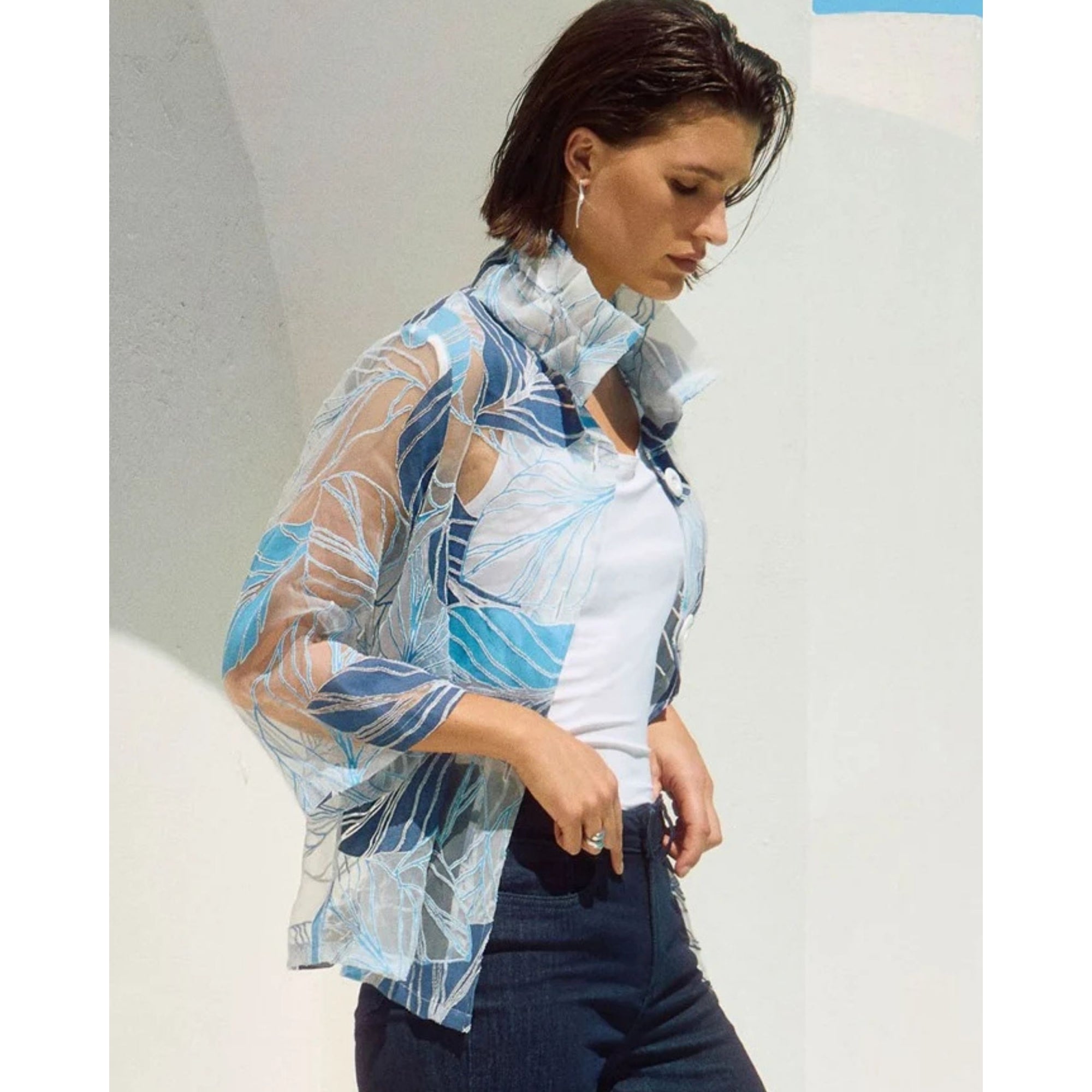 Joseph Ribkoff Fine Applique Leaf Print Shirt Jacket Blue/white