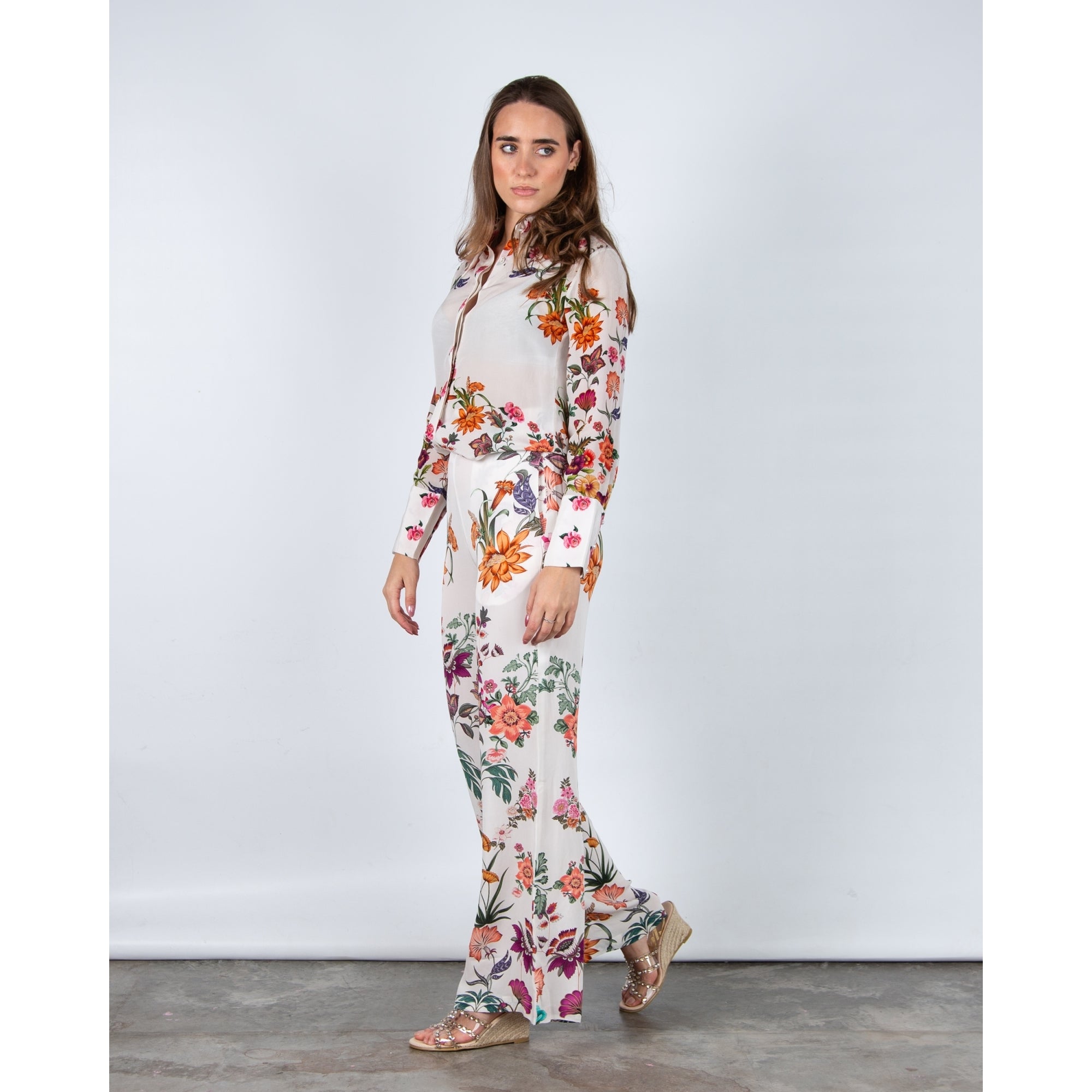 Stella Moretti Anaya Floral Silk Button Down Blouse With Shirt Collar Paradiso Floreale