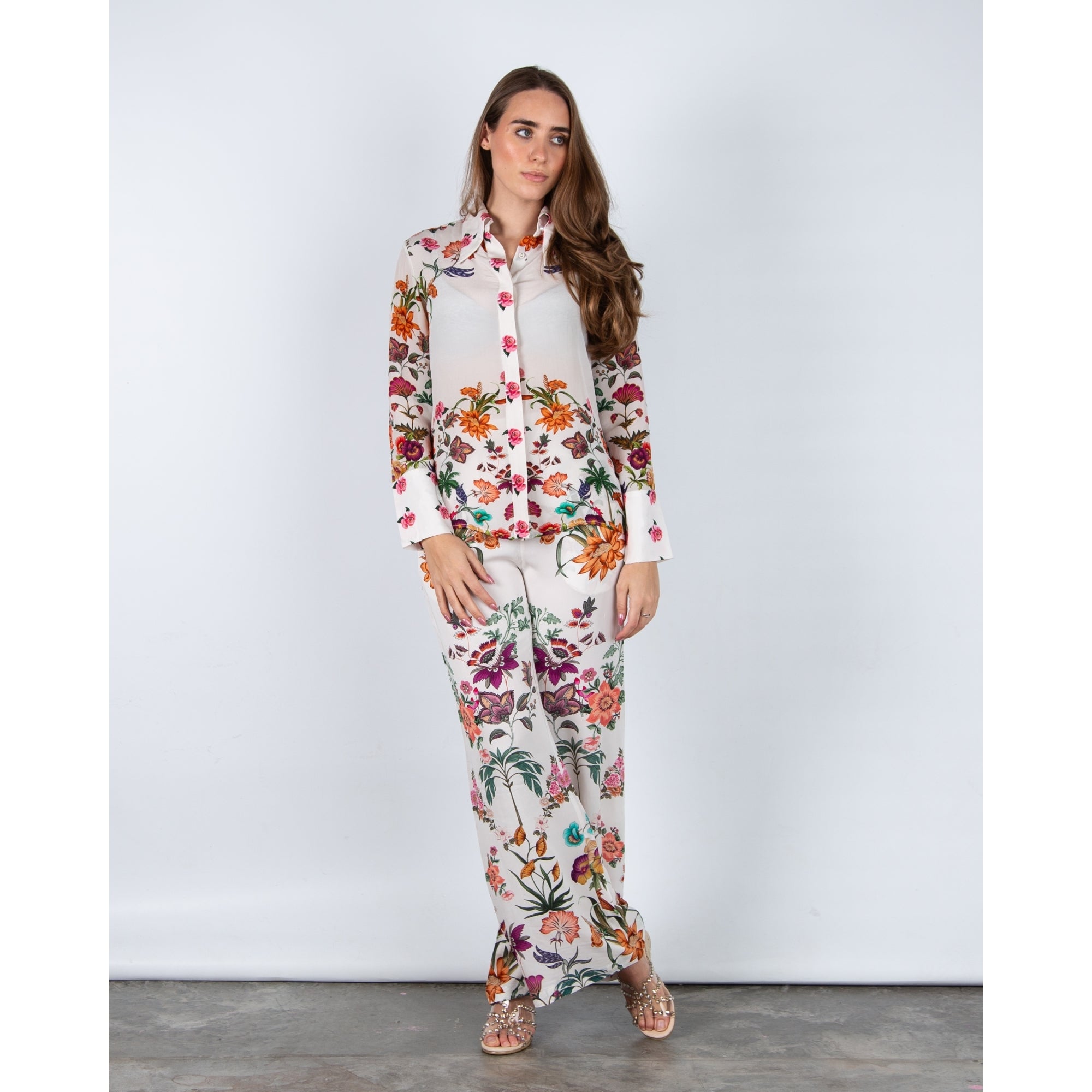 Stella Moretti Anaya Floral Silk Button Down Blouse With Shirt Collar Paradiso Floreale