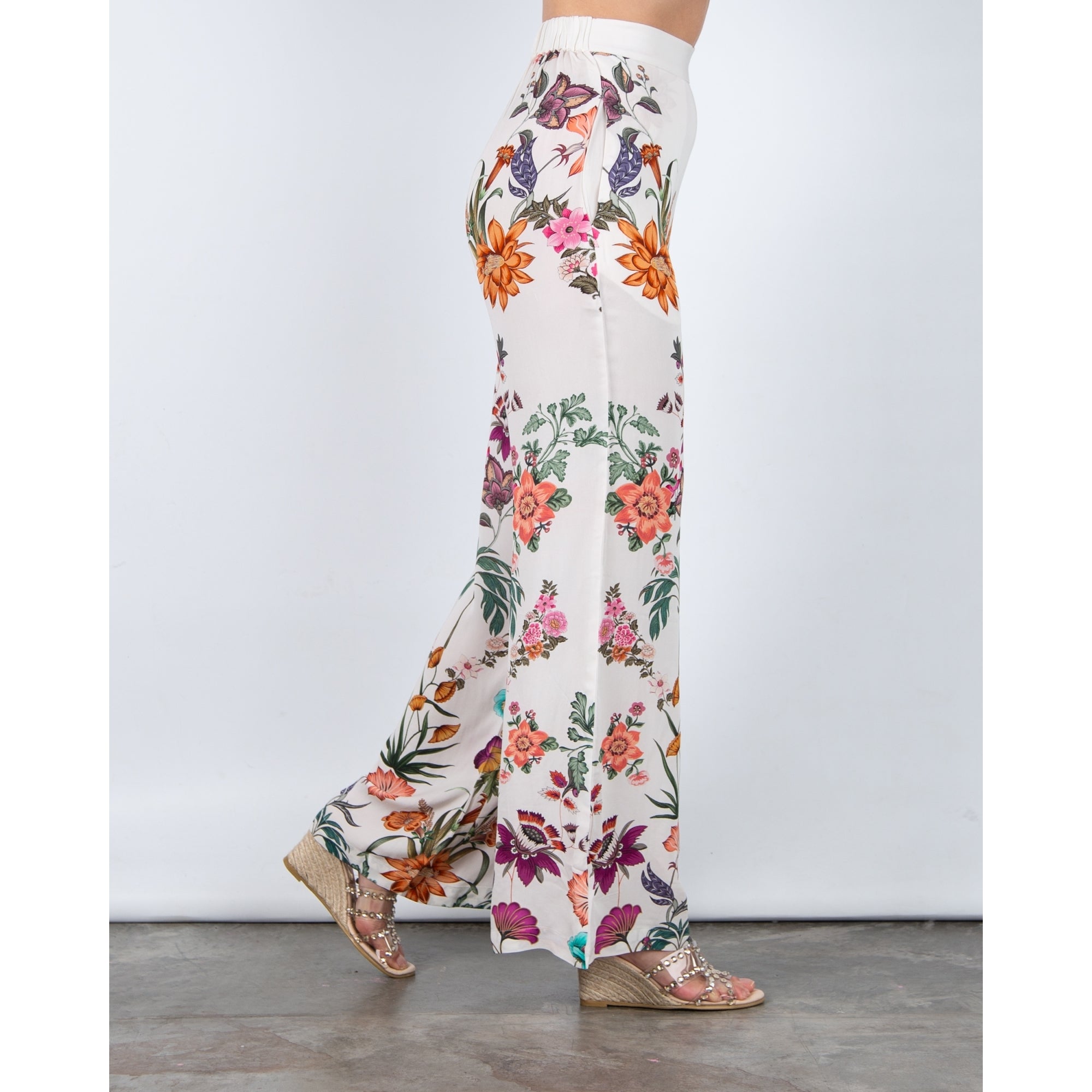 Stella Moretti Ivy Floral Palazzo Trouser With Elasticated Back Paradiso Floreale