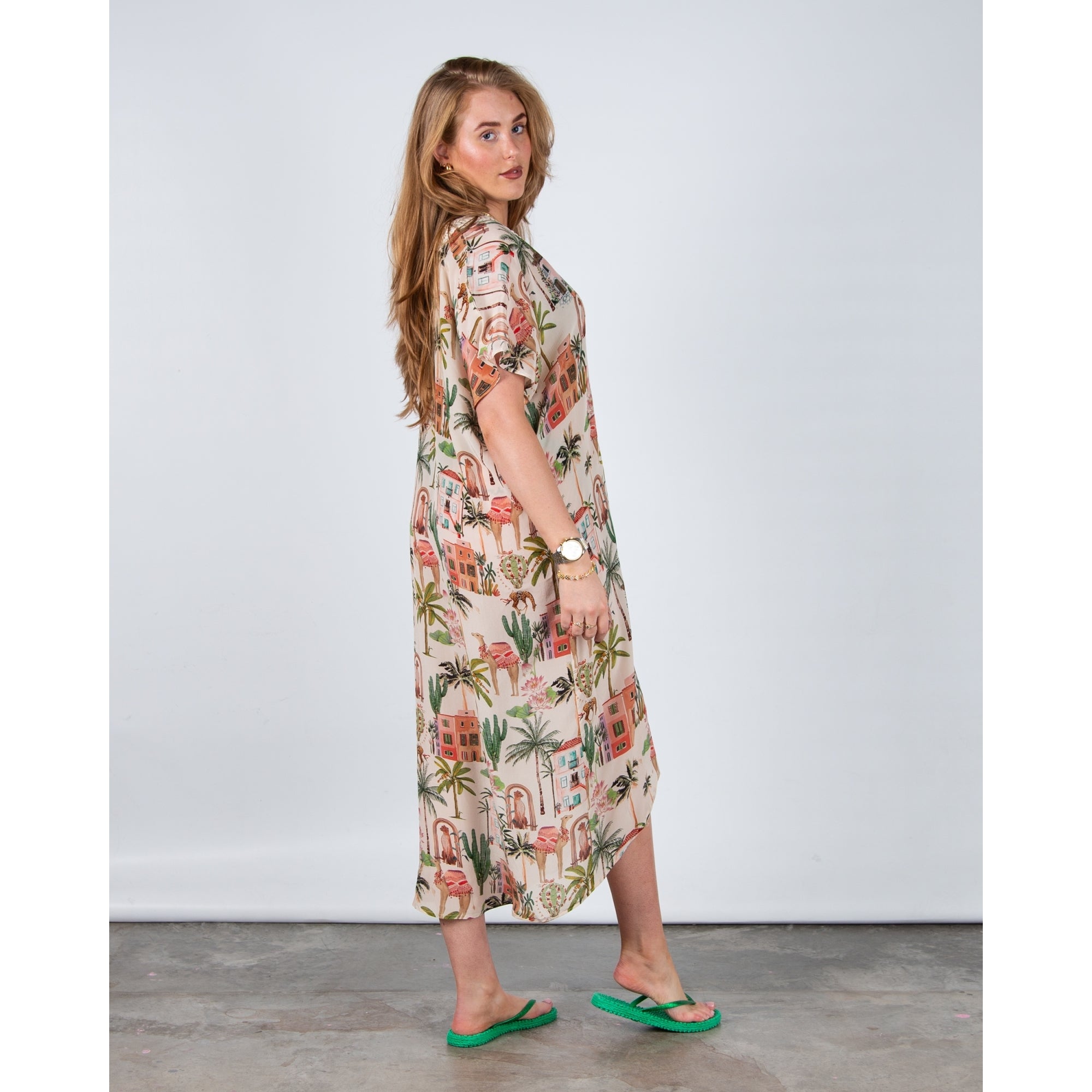 Stella Moretti Aza Palm Tree Print V Neck Kaftan With Lace Trim Morrocan Mule