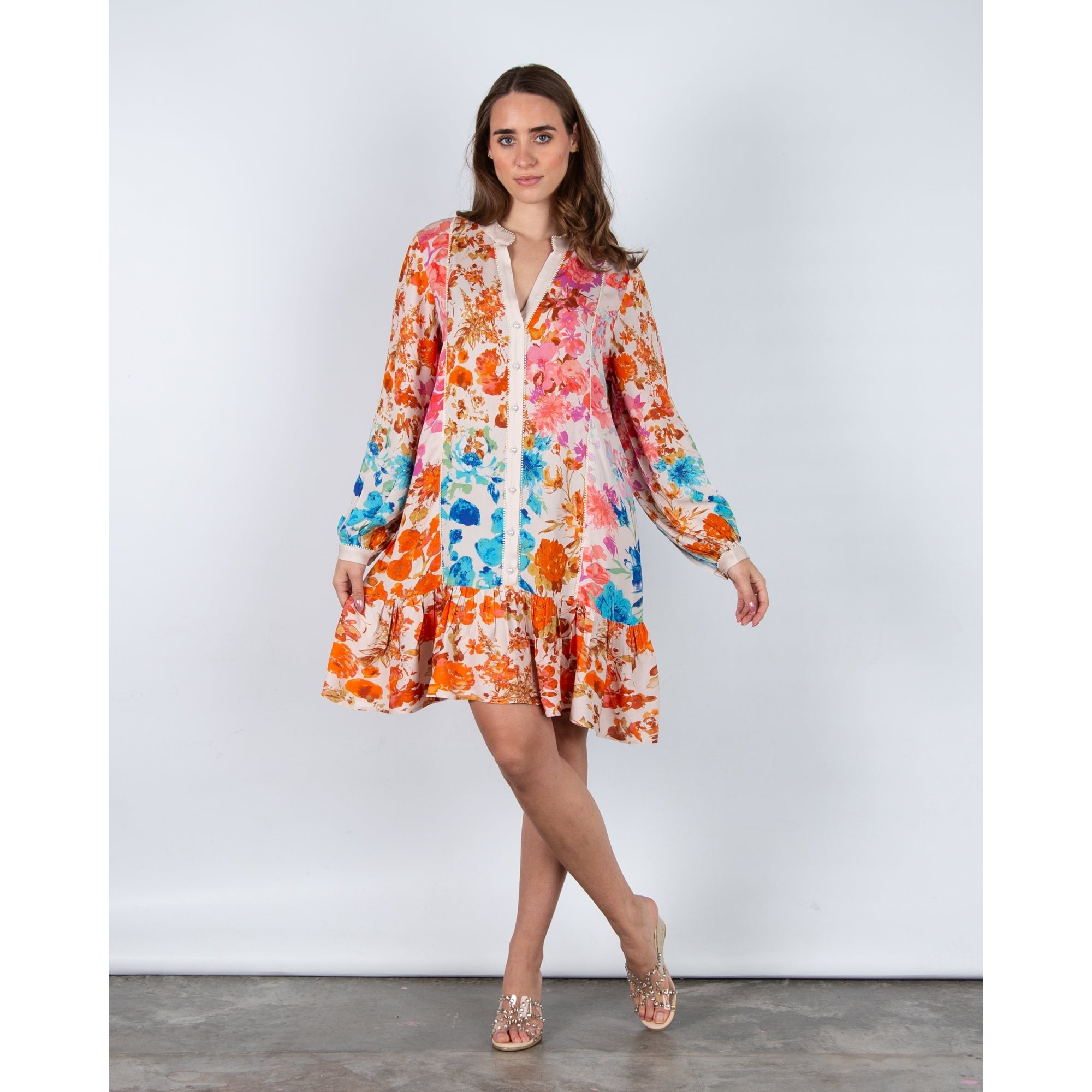 Stella Moretti Ava Floral Tiered Hem Pearl Button Dress With Lace Isola De Gardenia