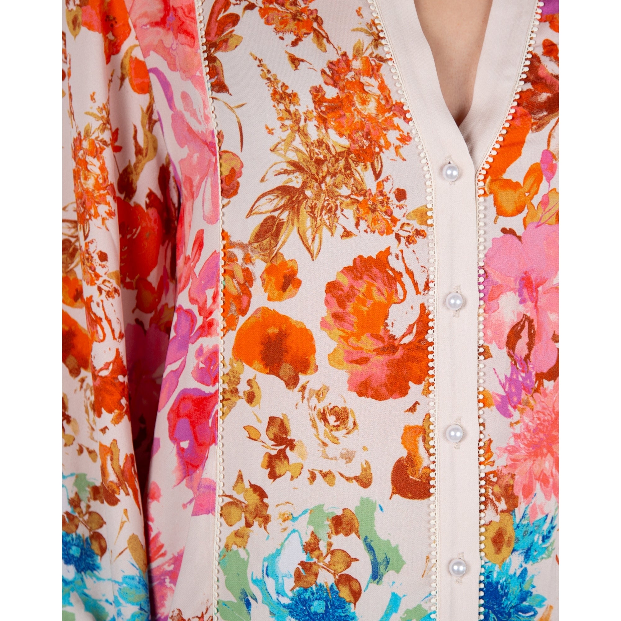 Stella Moretti Ava Floral Tiered Hem Pearl Button Dress With Lace Isola De Gardenia